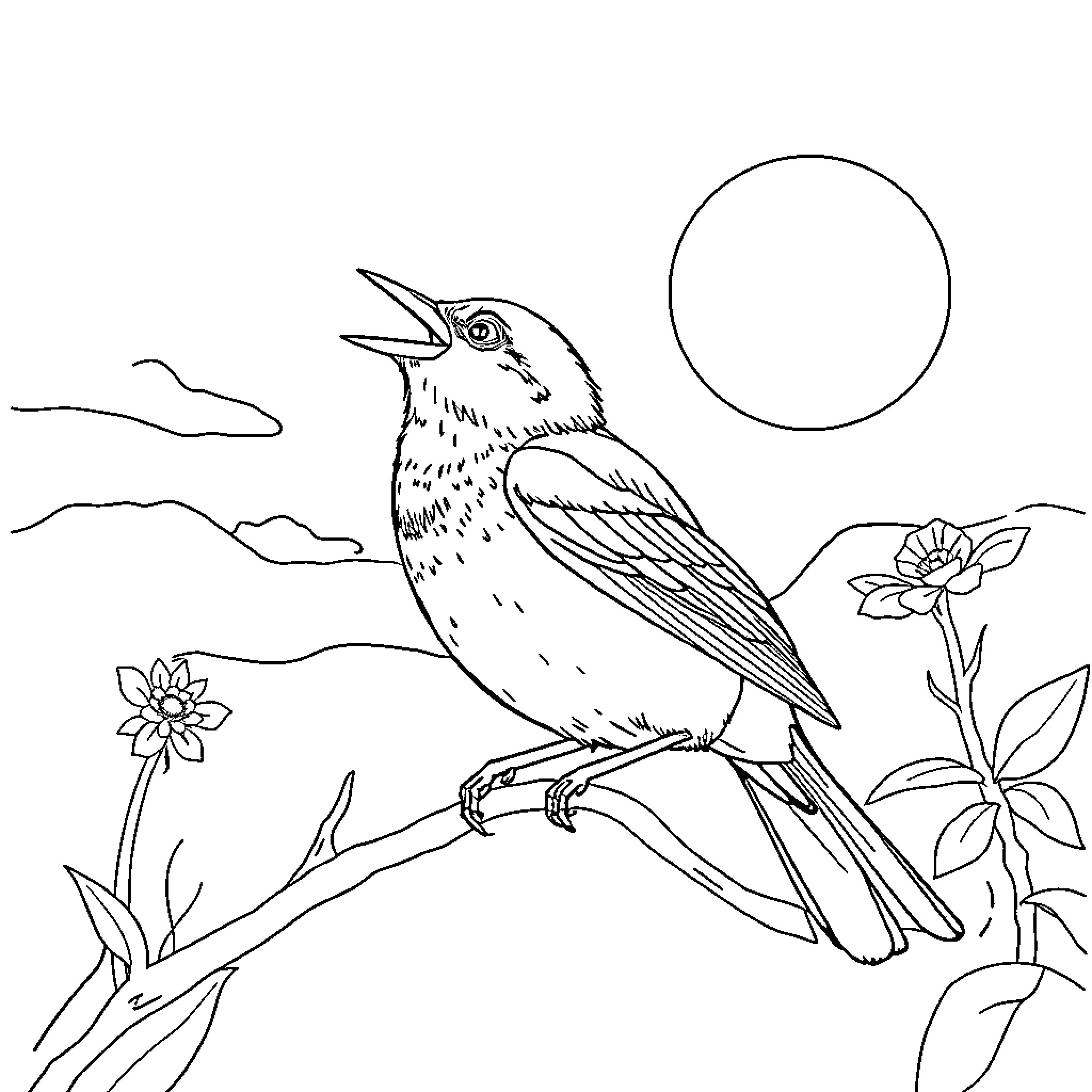 Bulbul perched on branch amid flowers Coloring Page (free black-and-white line drawing printable PDF for all, from beginners to advanced learners, including children, teens, adults, and seniors)