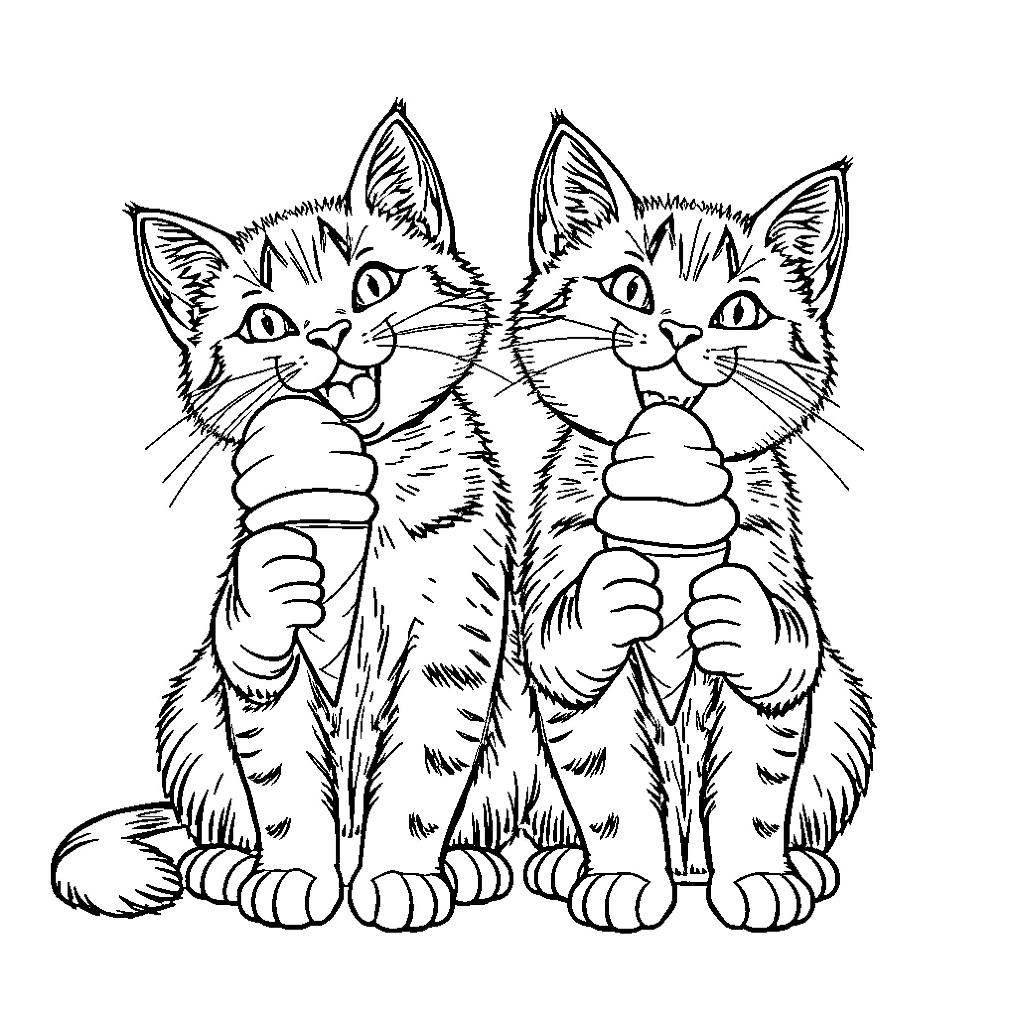 Cat friends enjoying ice cream together Coloring Page (free black-and-white line drawing printable PDF for all, from beginners to advanced learners, including children, teens, adults, and seniors)