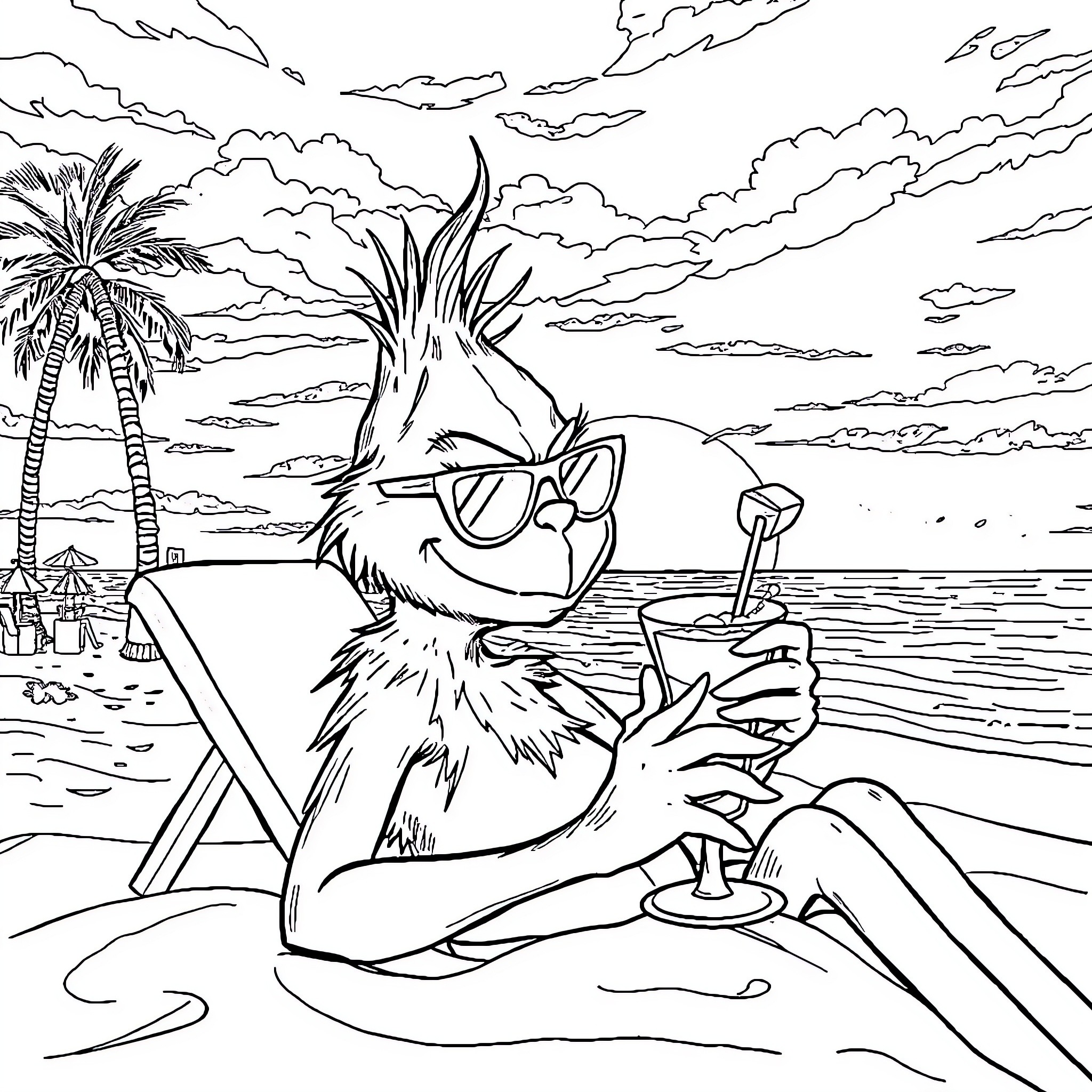 Grinch enjoying a tropical vacation on the beach Coloring Page (free black-and-white line drawing printable PDF for all, from beginners to advanced learners, including children, teens, adults, and seniors)