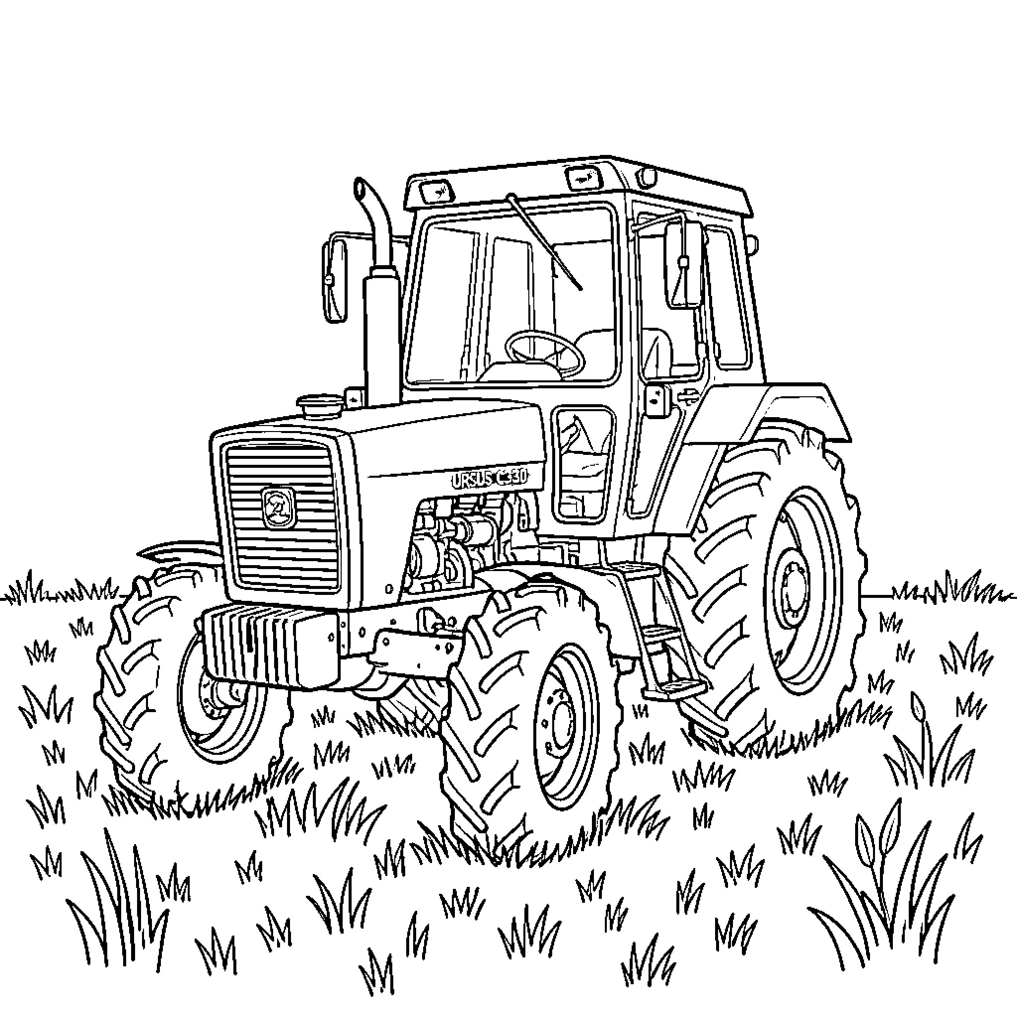 Tractor plowing through tall grass field Coloring Page (free black-and-white line drawing printable PDF for all, from beginners to advanced learners, including children, teens, adults, and seniors)
