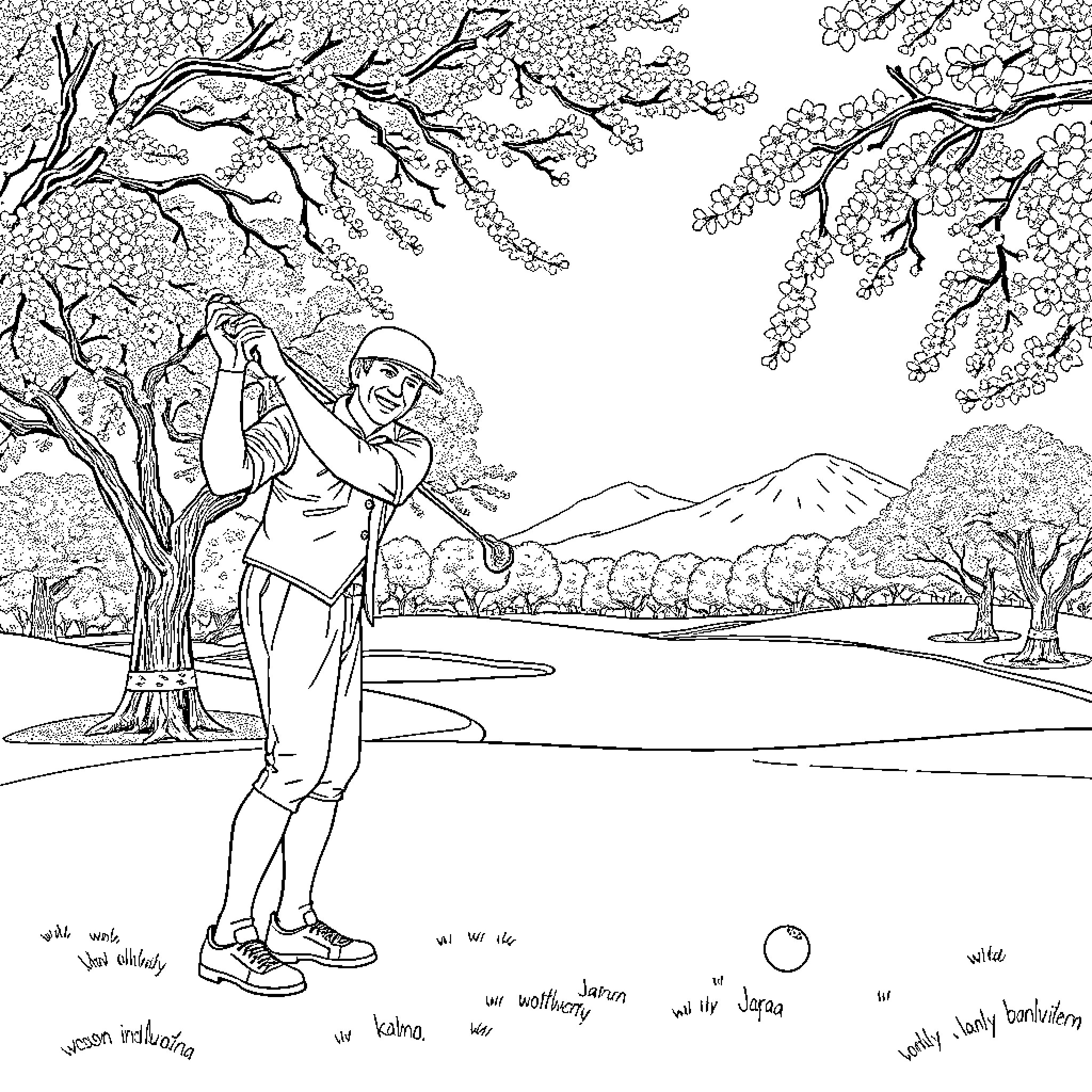Scottish Man Enjoying Nature's Scenery Coloring Page (free black-and-white line drawing printable PDF for all, from beginners to advanced learners, including children, teens, adults, and seniors)