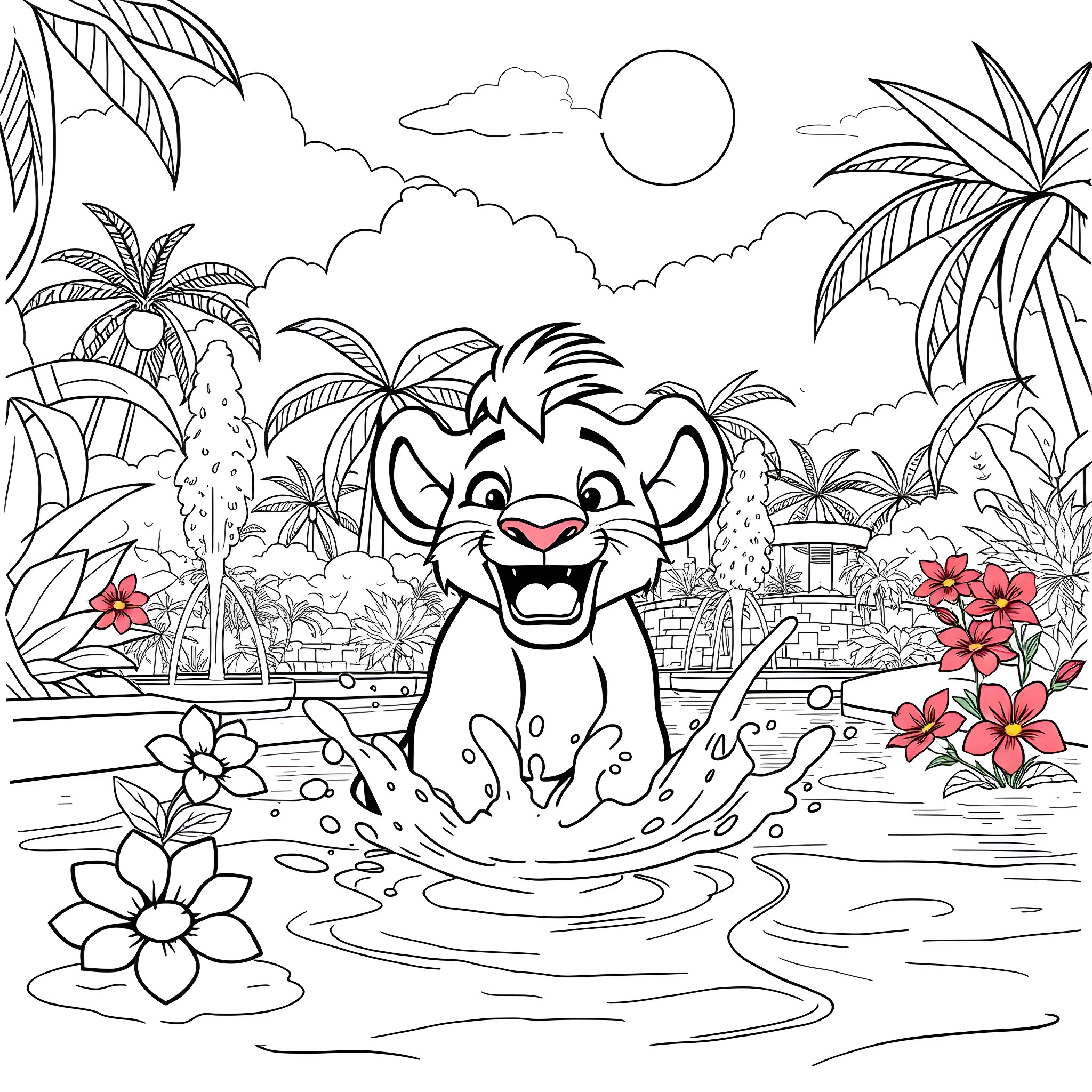 Simba joyfully splashing in the tropical paradise Coloring Page (free black-and-white line drawing printable PDF for all, from beginners to advanced learners, including children, teens, adults, and seniors)