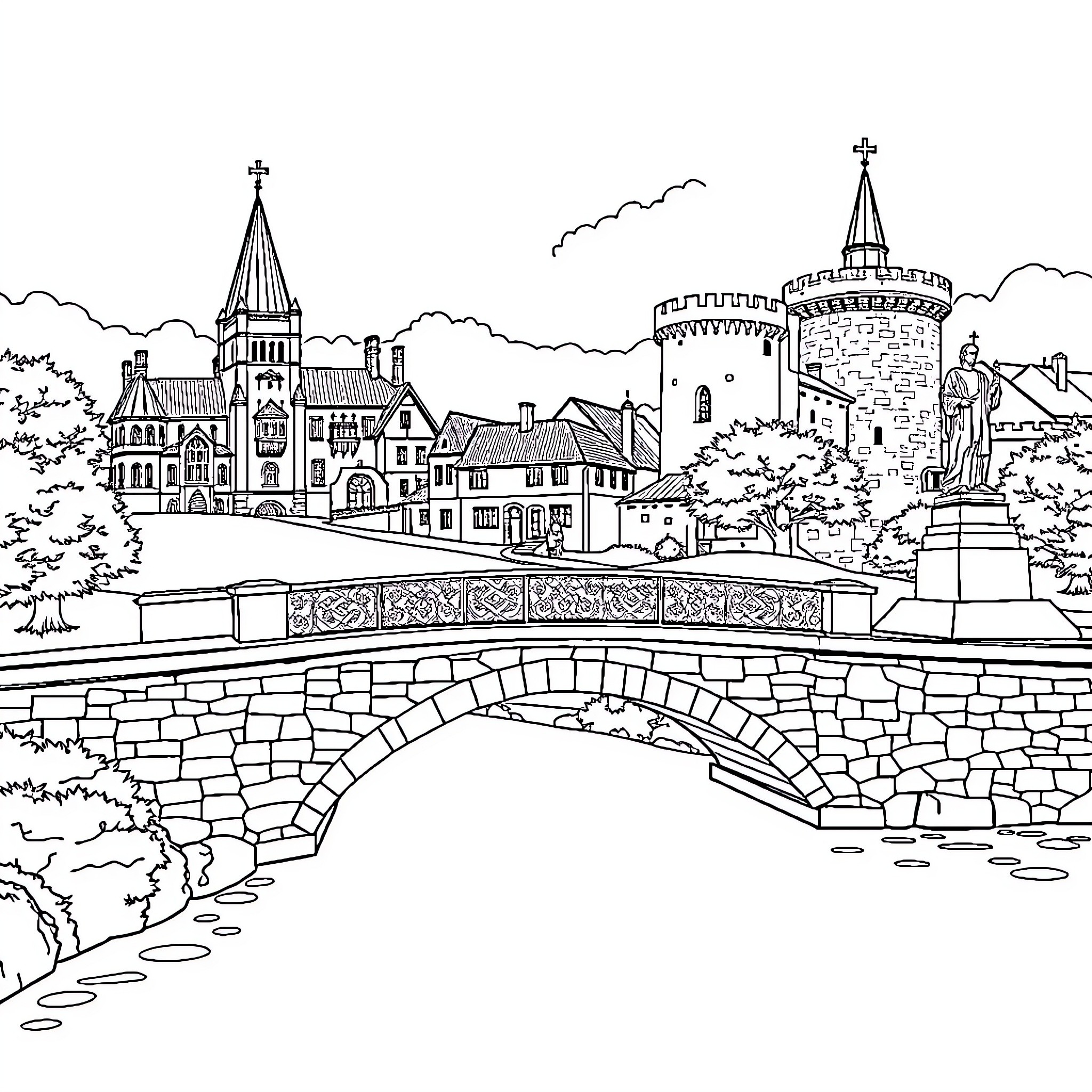 Castle Town with Historic Architecture and Bridge Coloring Page (free black-and-white line drawing printable PDF for all, from beginners to advanced learners, including children, teens, adults, and seniors)