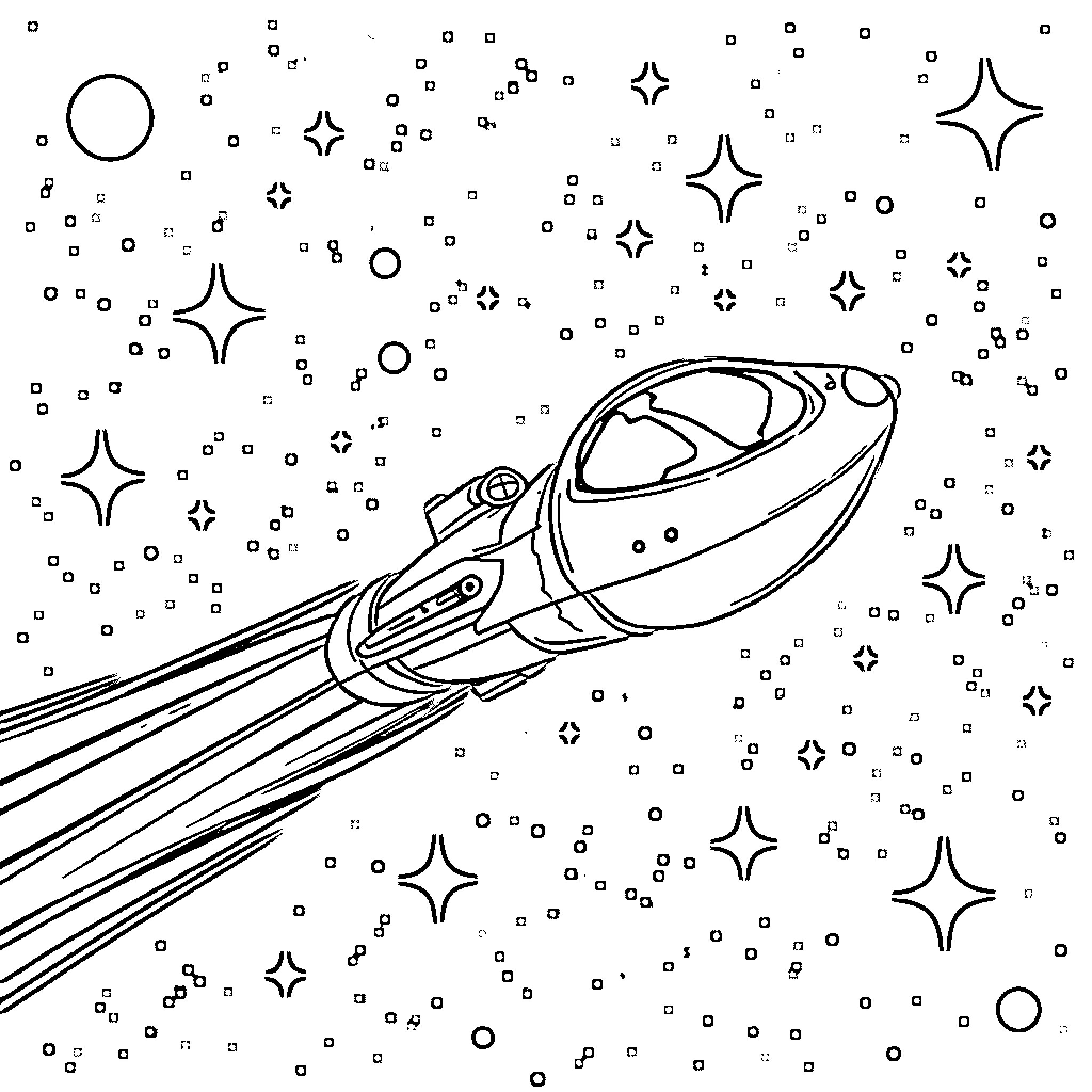 Alien Spaceship speeding through a starry night sky Coloring Page (free black-and-white line drawing printable PDF for all, from beginners to advanced learners, including children, teens, adults, and seniors)