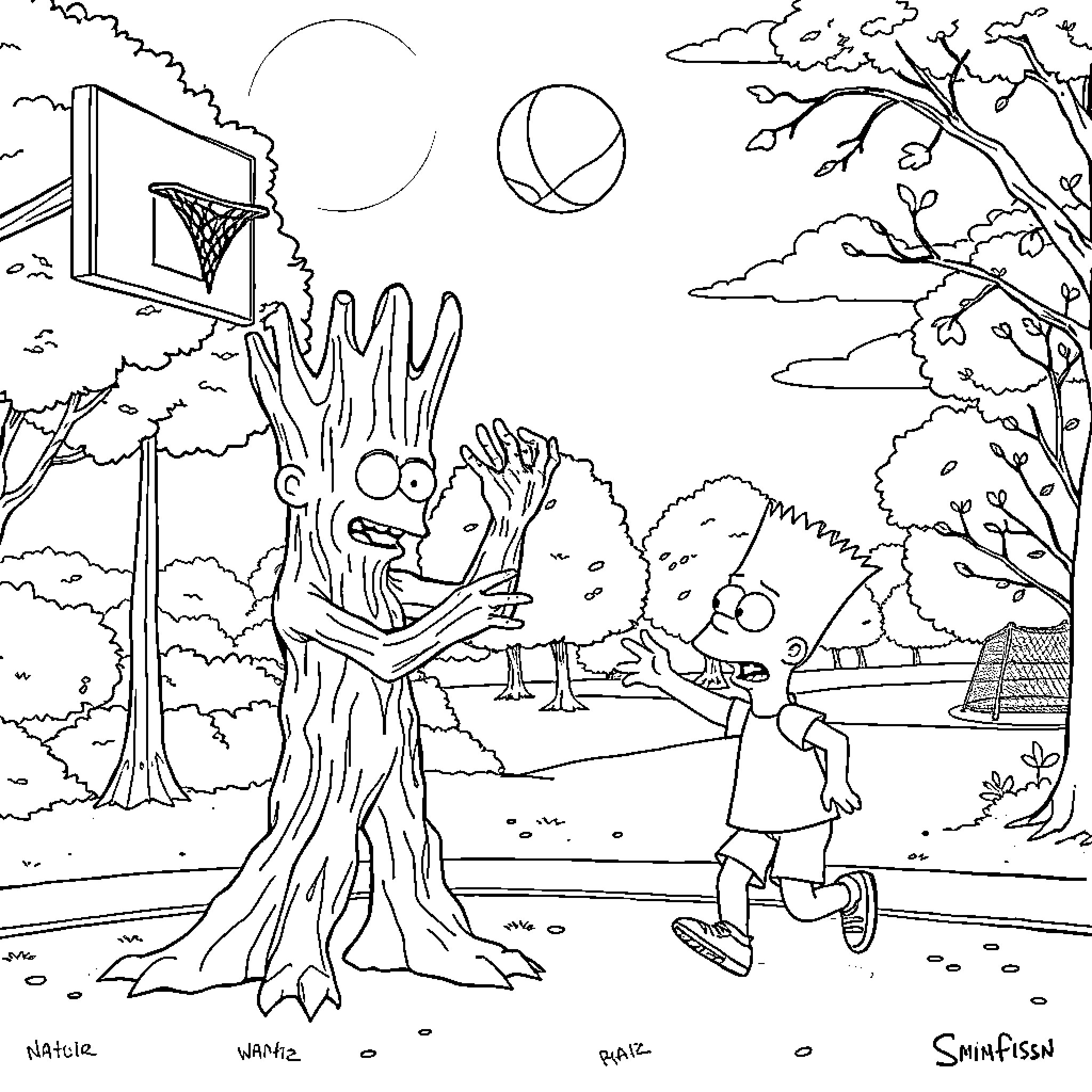 Groot playing basketball with friendly forest creatures Coloring Page (free black-and-white line drawing printable PDF for all, from beginners to advanced learners, including children, teens, adults, and seniors)