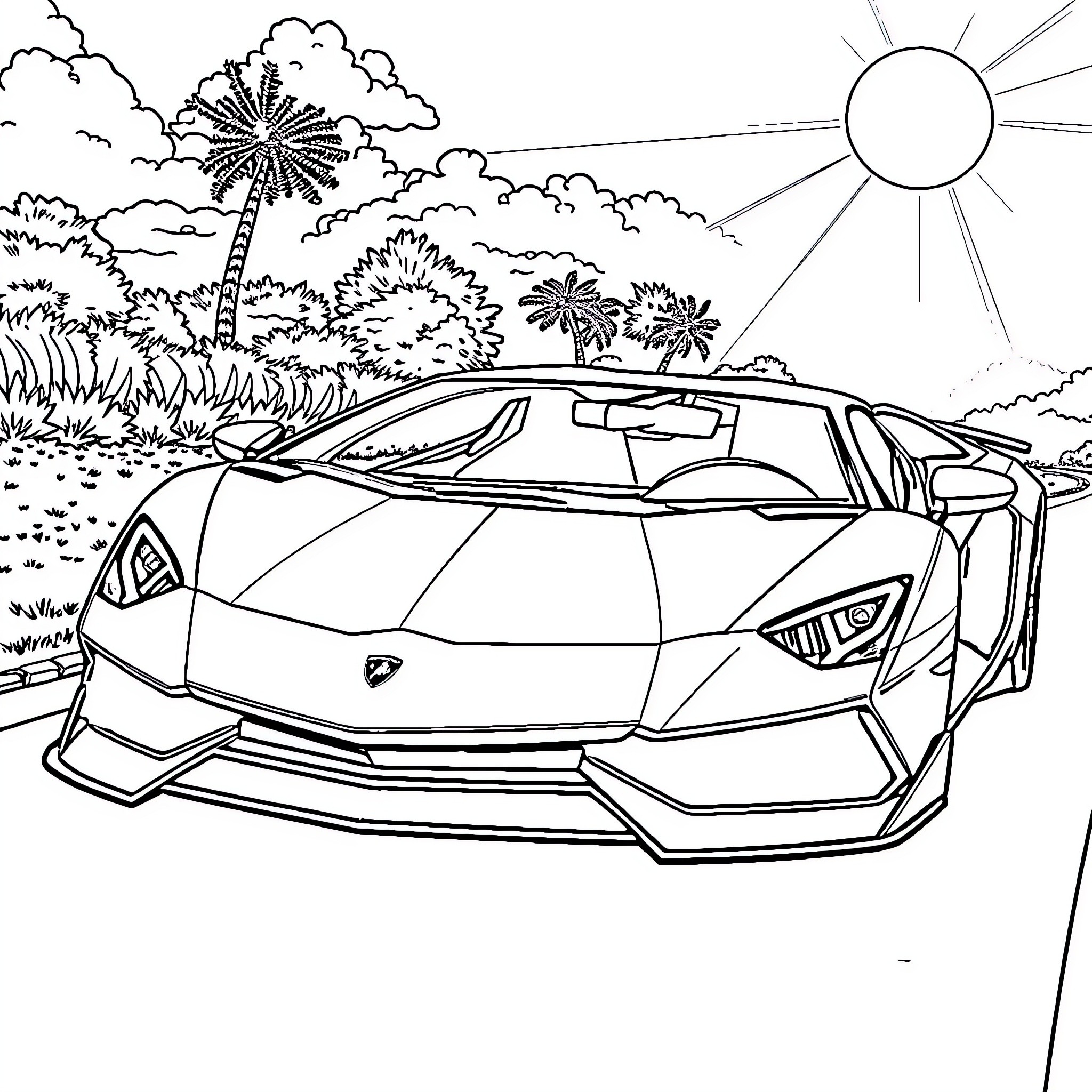 Lamborghini supercar in tropical landscape Coloring Page (free black-and-white line drawing printable PDF for all, from beginners to advanced learners, including children, teens, adults, and seniors)