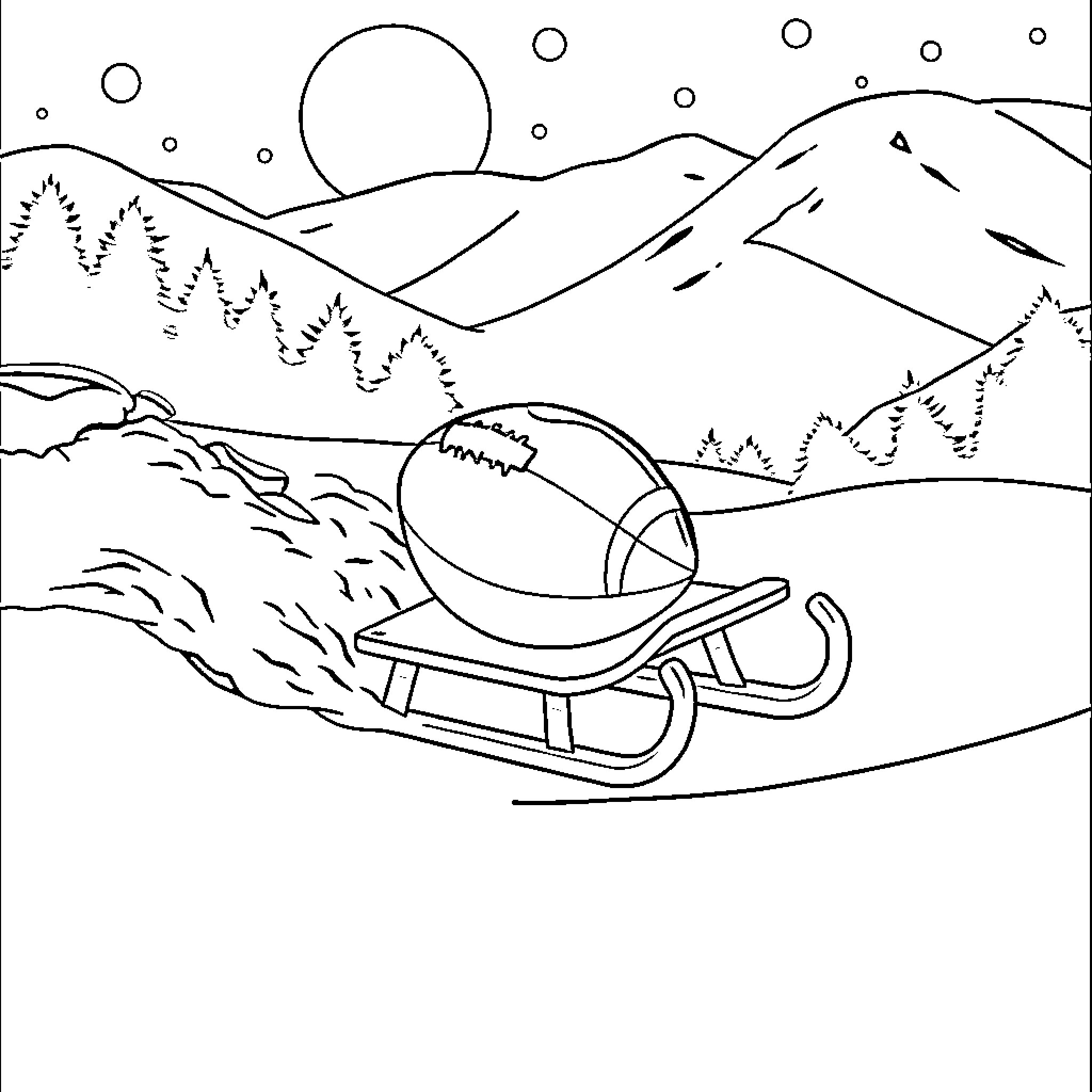 Football Sled Ride through Snowy Mountain Landscape Coloring Page (free black-and-white line drawing printable PDF for all, from beginners to advanced learners, including children, teens, adults, and seniors)