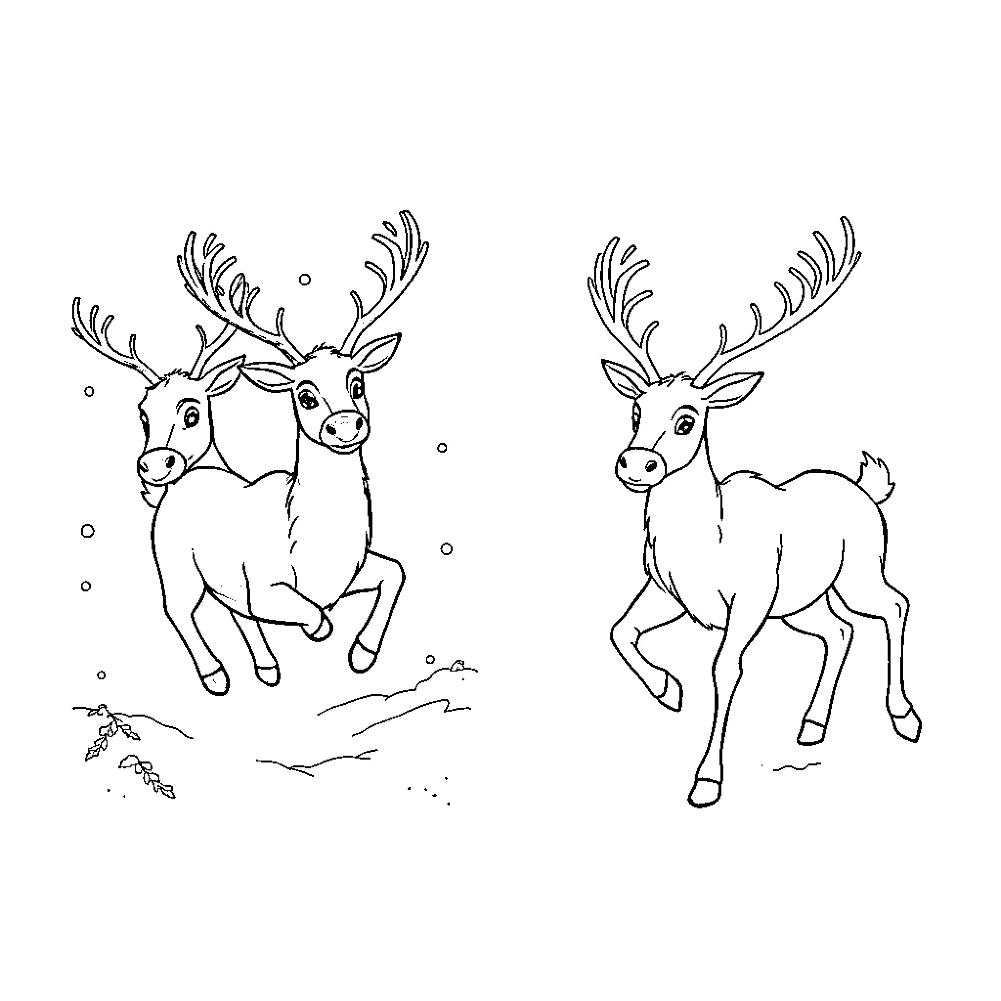Reindeer frolicking in the snow Coloring Page (free black-and-white line drawing printable PDF for all, from beginners to advanced learners, including children, teens, adults, and seniors)
