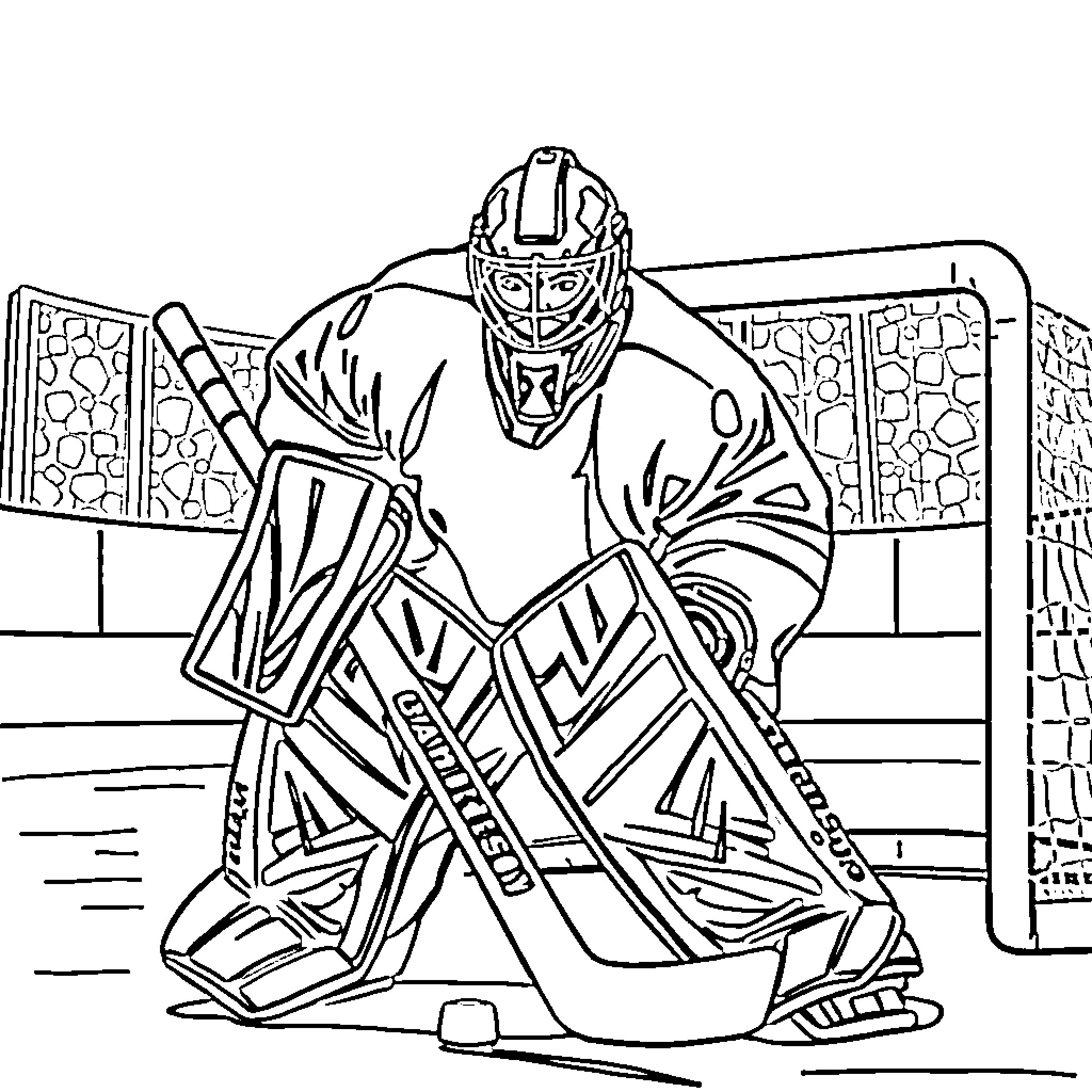Hockey Goalie Defends the Net Coloring Page (free black-and-white line drawing printable PDF for all, from beginners to advanced learners, including children, teens, adults, and seniors)