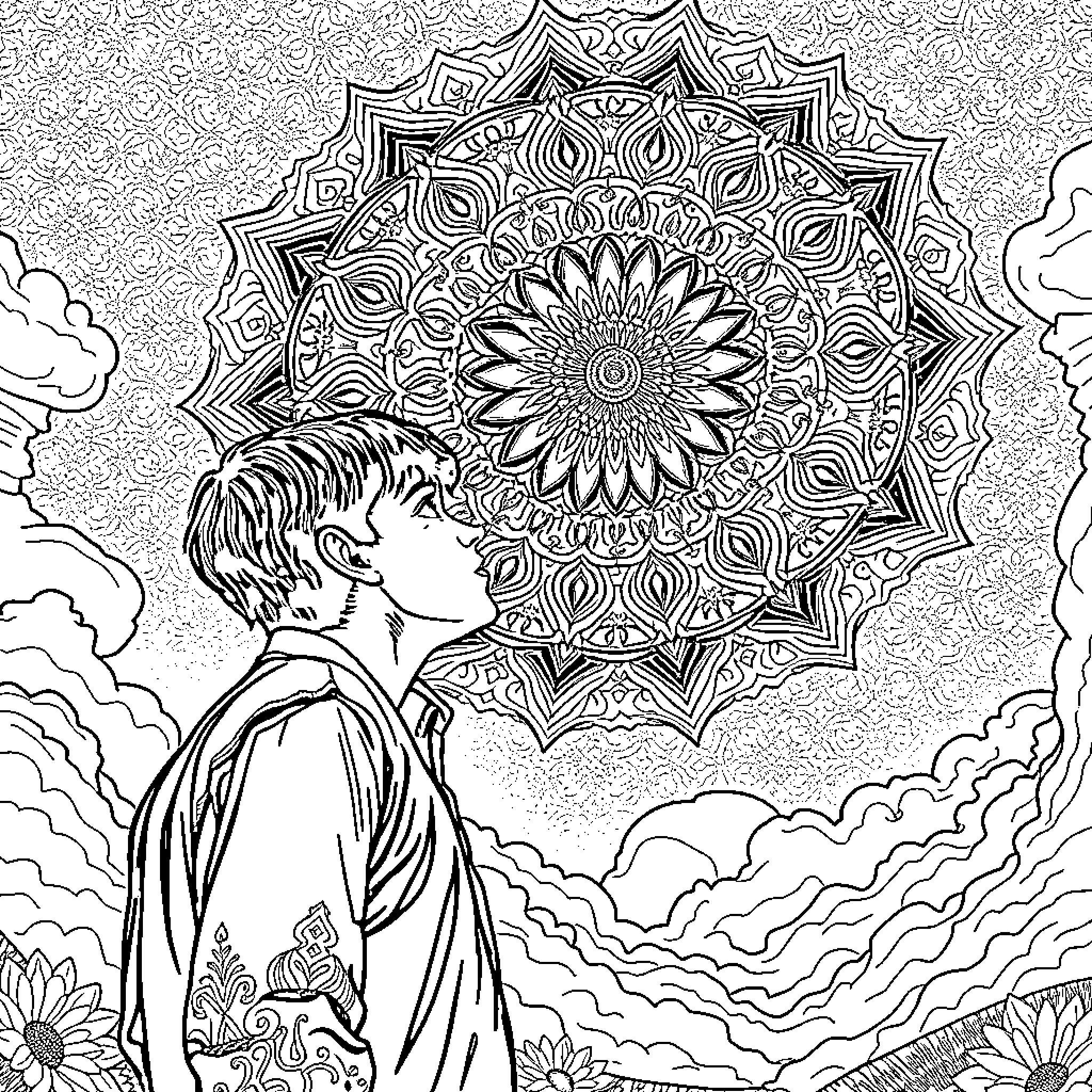 Turkish Man Admiring the Intricate Mandala in the Sky Coloring Page (free black-and-white line drawing printable PDF for all, from beginners to advanced learners, including children, teens, adults, and seniors)