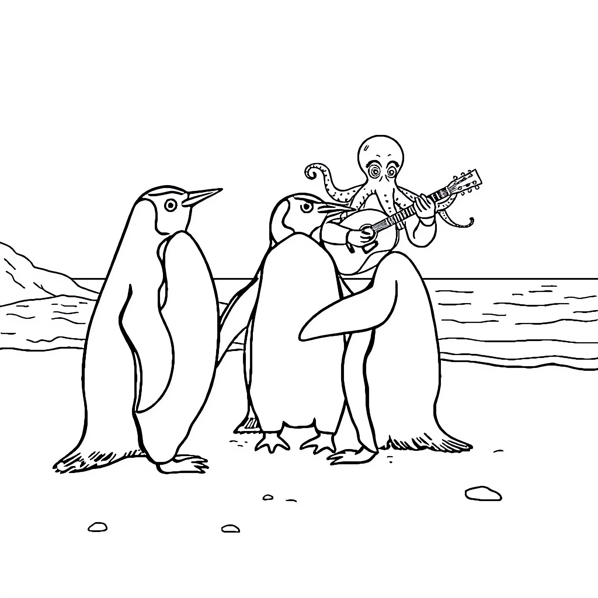 Penguin friends perform music on the beach Coloring Page (free black-and-white line drawing printable PDF for all, from beginners to advanced learners, including children, teens, adults, and seniors)