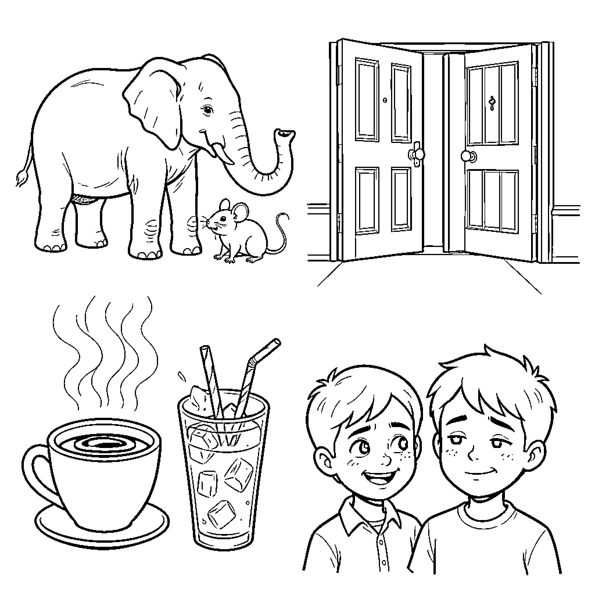 Opposite views of home and outside Coloring Page (free black-and-white line drawing printable PDF for all, from beginners to advanced learners, including children, teens, adults, and seniors)
