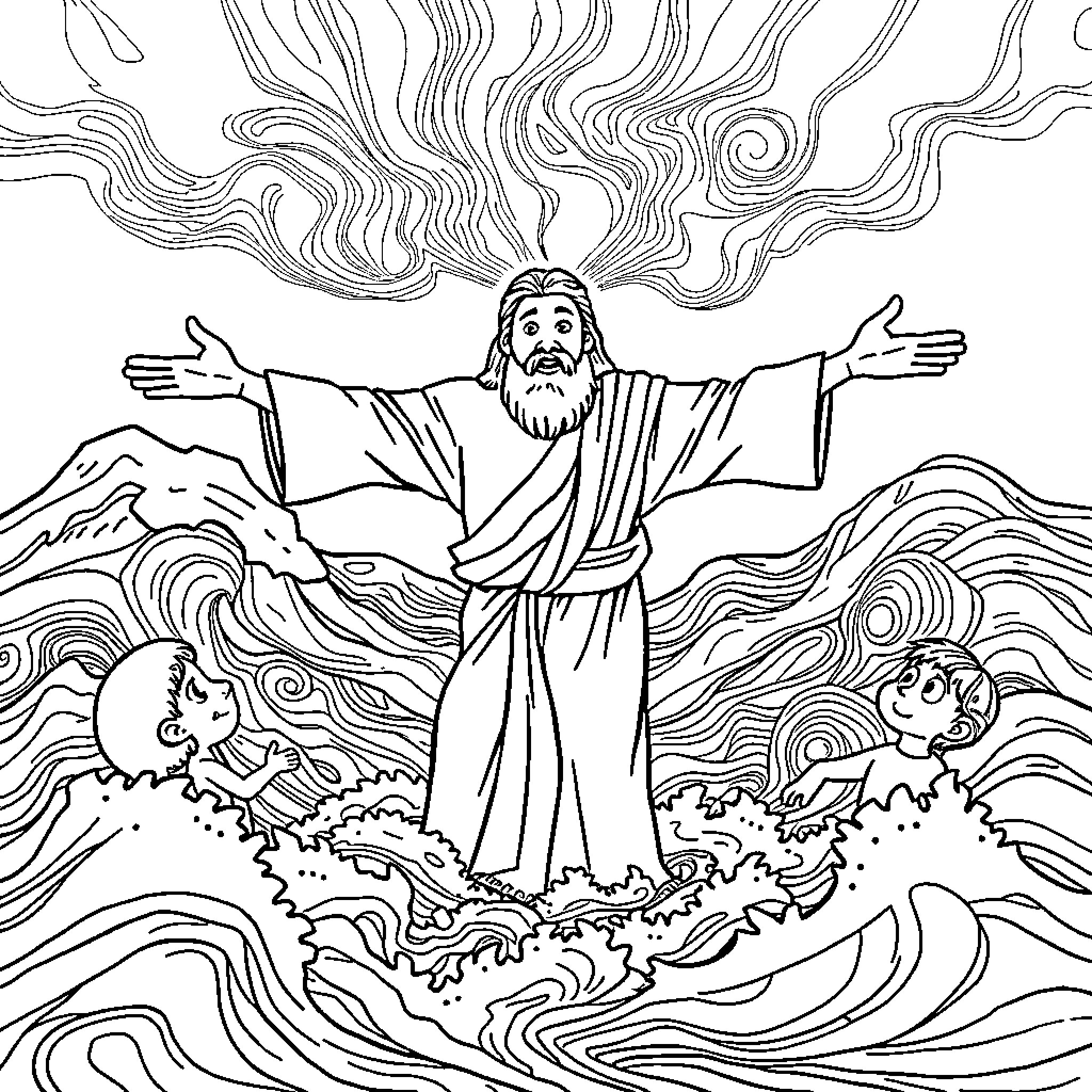 Moses parting the sea with his outstretched arms Coloring Page (free black-and-white line drawing printable PDF for all, from beginners to advanced learners, including children, teens, adults, and seniors)