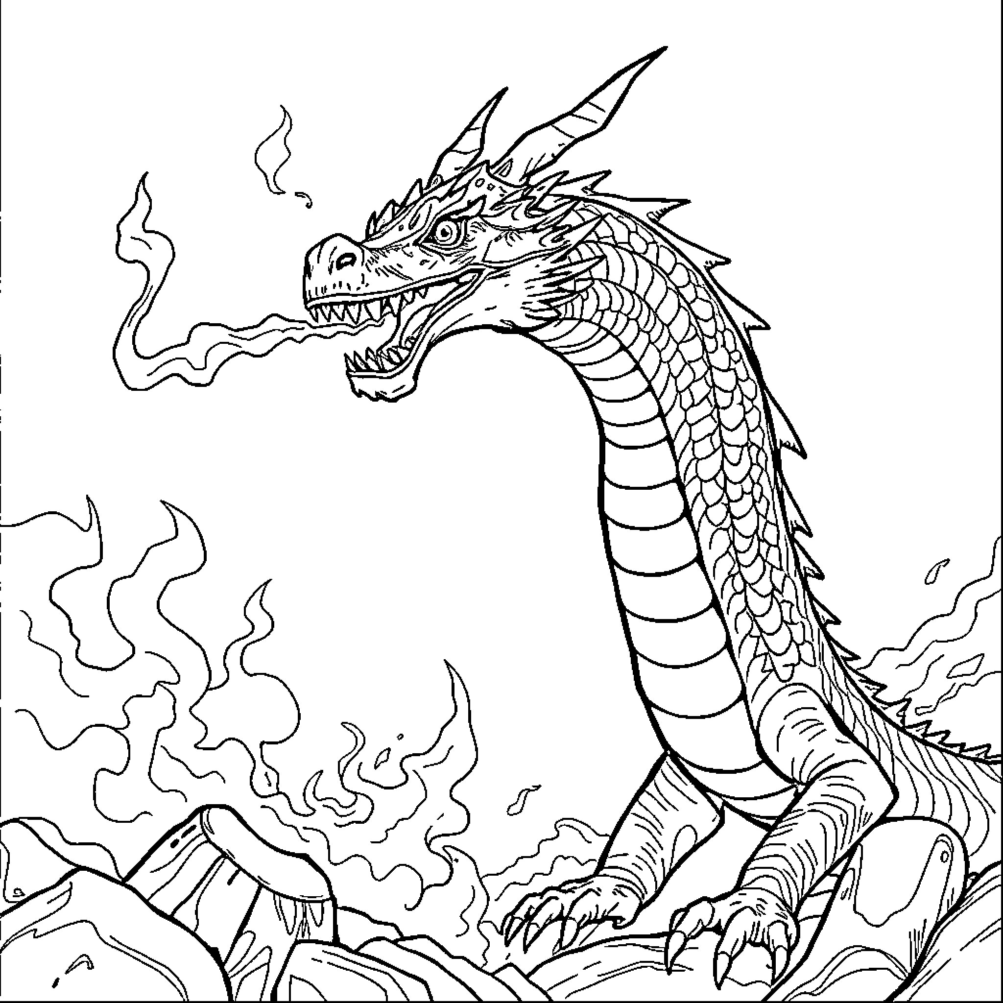 Dragon breathing fire on mountain landscape Coloring Page (free black-and-white line drawing printable PDF for all, from beginners to advanced learners, including children, teens, adults, and seniors)