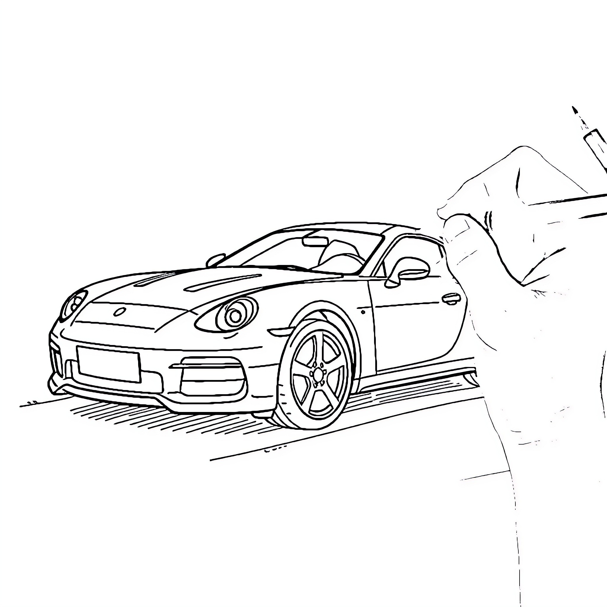Car speeding on the road Coloring Page (free black-and-white line drawing printable PDF for all, from beginners to advanced learners, including children, teens, adults, and seniors)