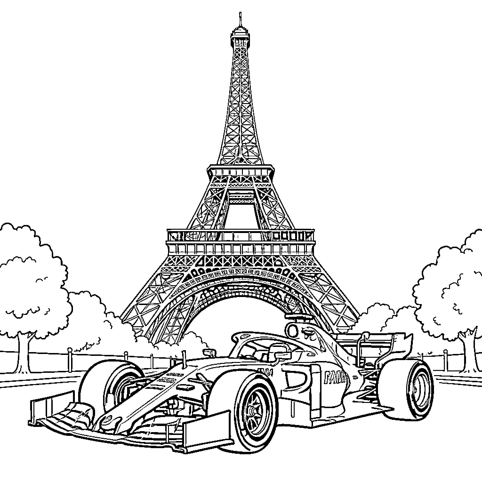 F1 Car racing past the Eiffel Tower Coloring Page (free black-and-white line drawing printable PDF for all, from beginners to advanced learners, including children, teens, adults, and seniors)