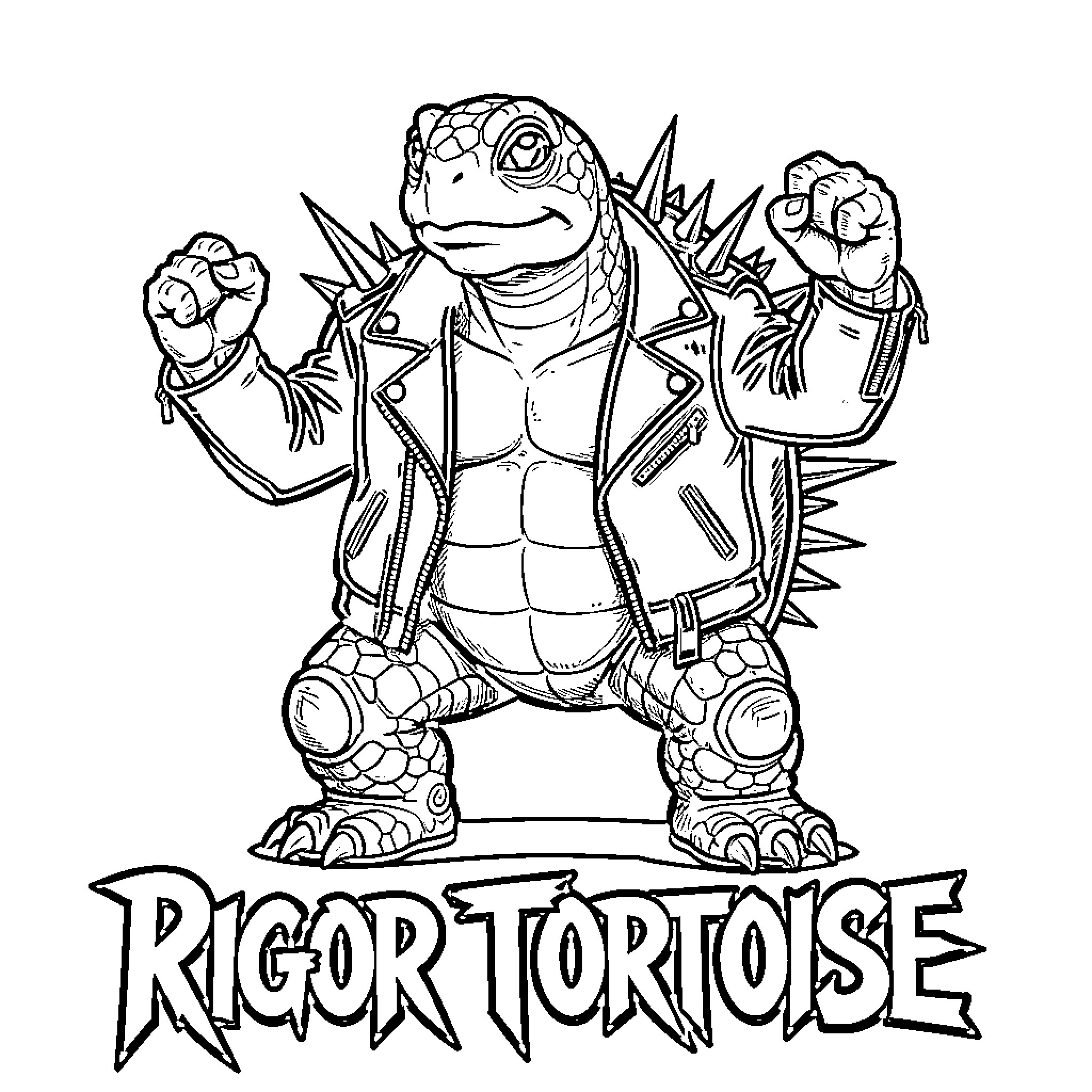 Turtle in punk rock attire Coloring Page (free black-and-white line drawing printable PDF for all, from beginners to advanced learners, including children, teens, adults, and seniors)