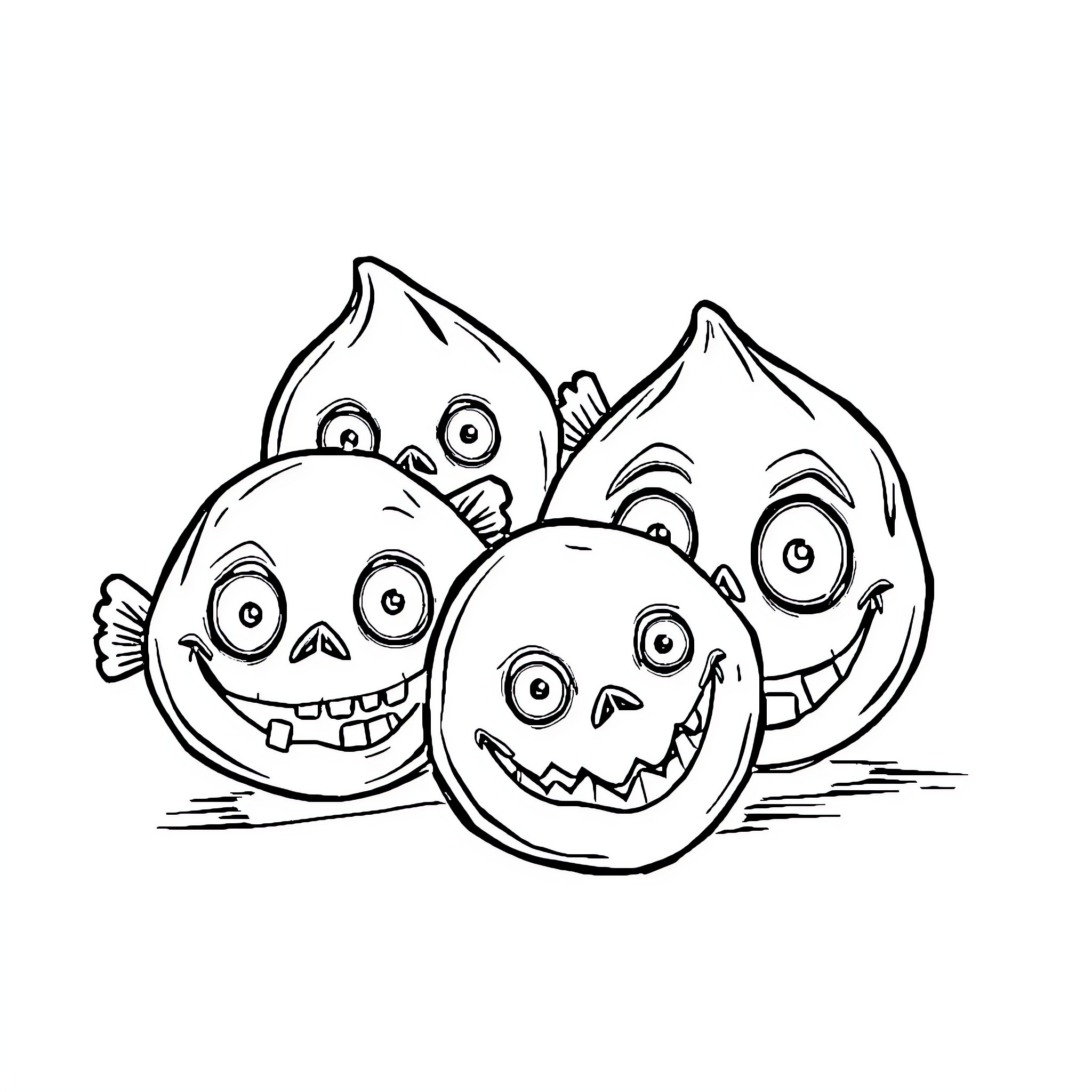 Candy-themed goofy characters in black and white Coloring Page (free black-and-white line drawing printable PDF for all, from beginners to advanced learners, including children, teens, adults, and seniors)