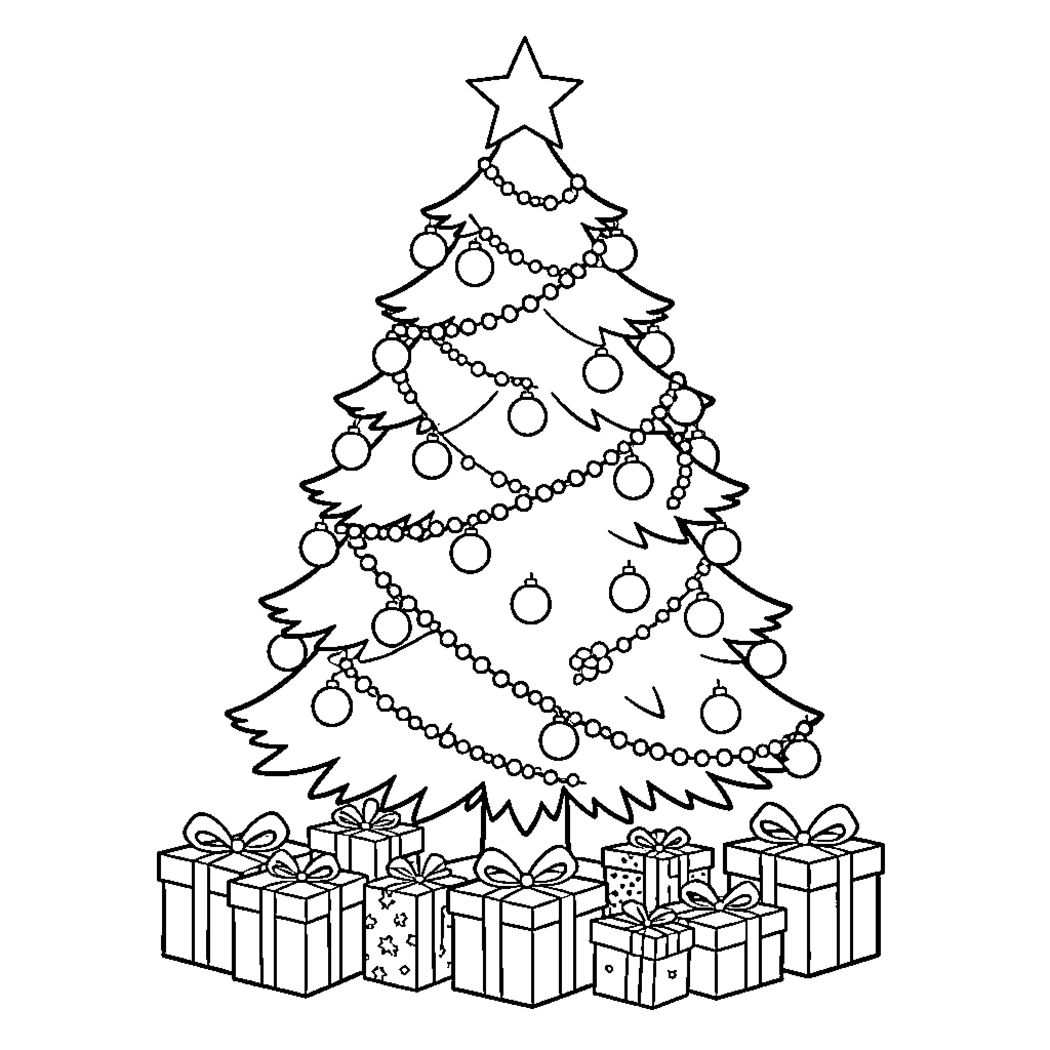 Christmas Tree decorated with ornaments and gifts below Coloring Page (free black-and-white line drawing printable PDF for all, from beginners to advanced learners, including children, teens, adults, and seniors)