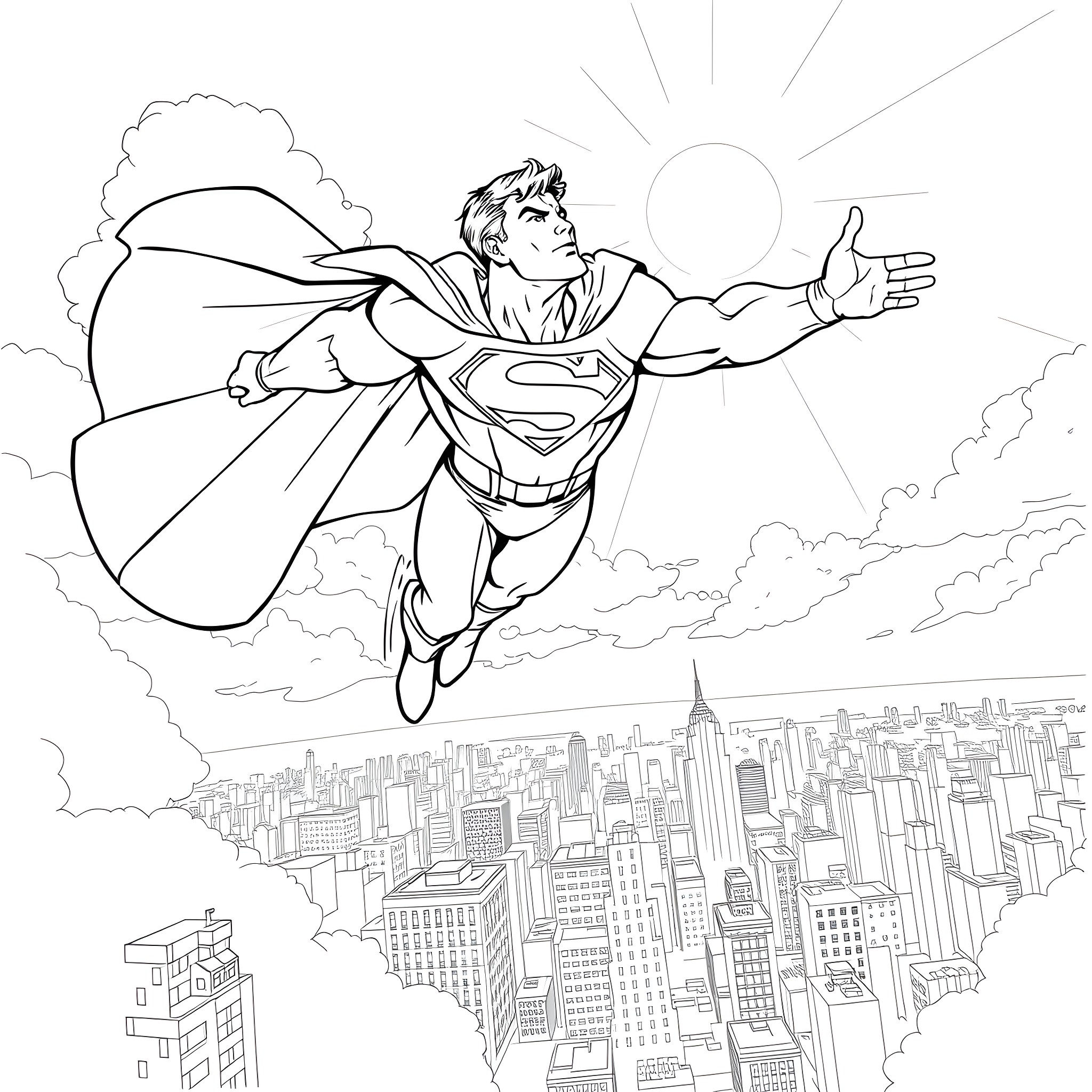 Superman soaring over the city with outstretched arms Coloring Page (free black-and-white line drawing printable PDF for all, from beginners to advanced learners, including children, teens, adults, and seniors)
