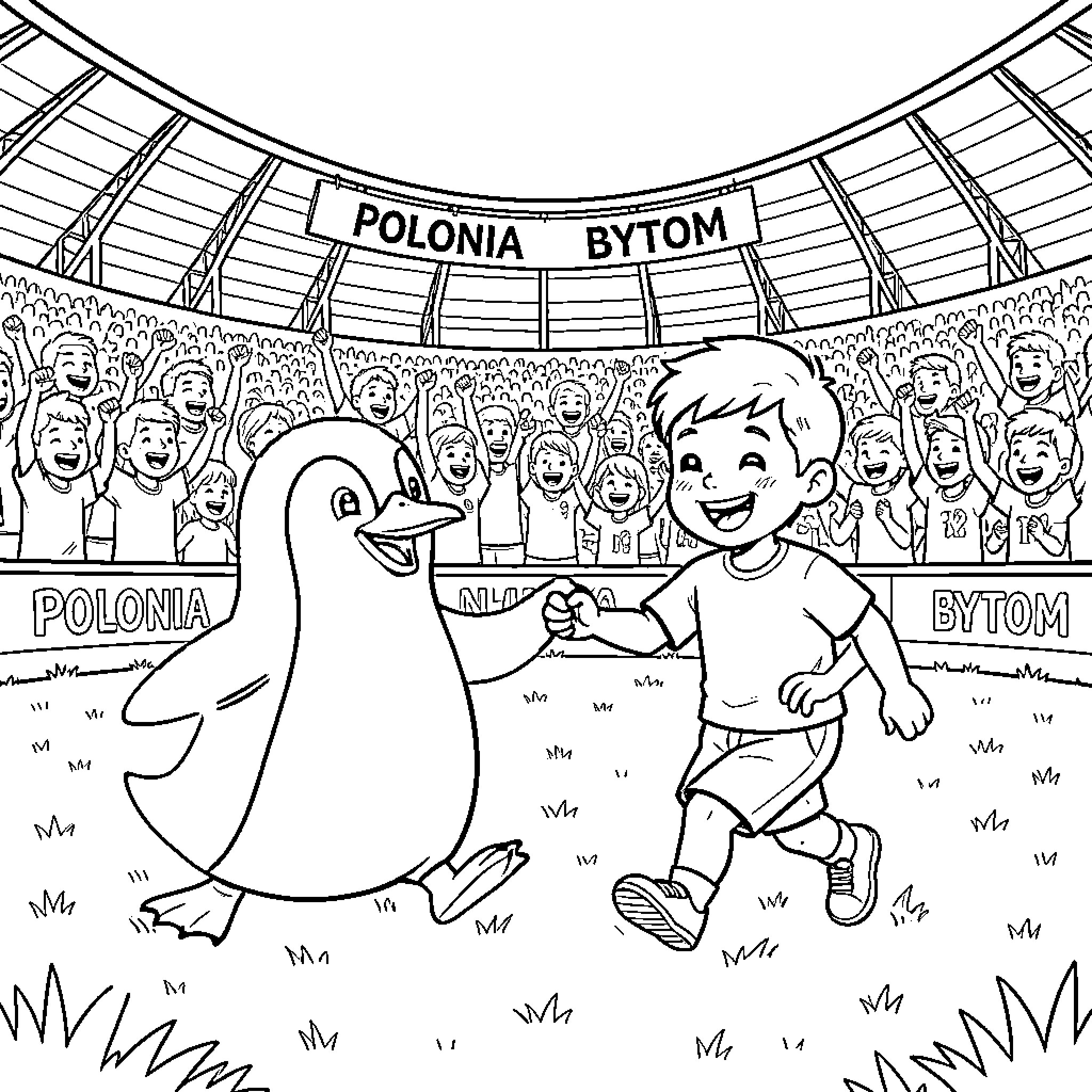 Penguin and boy playing on the field Coloring Page (free black-and-white line drawing printable PDF for all, from beginners to advanced learners, including children, teens, adults, and seniors)