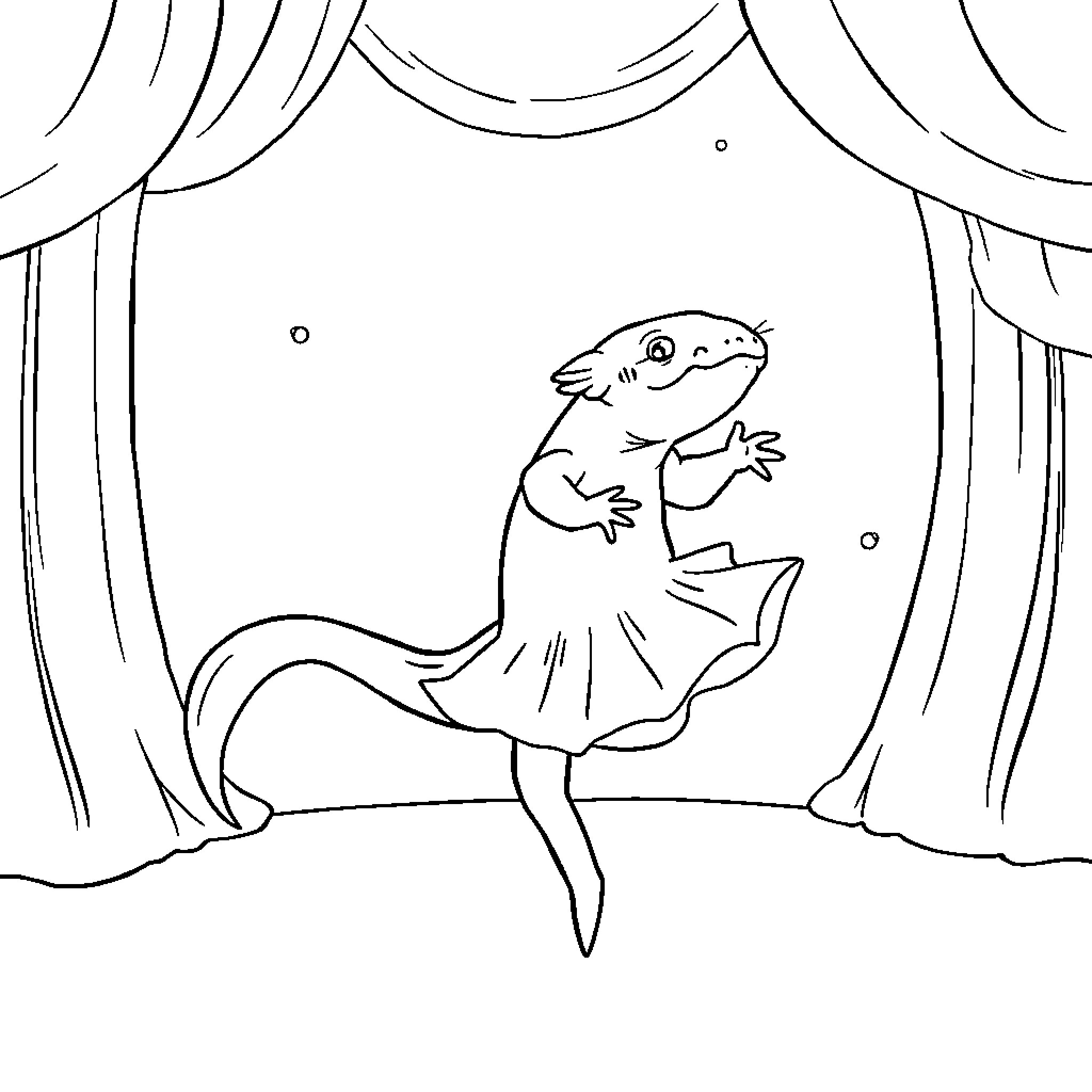 Axolotl performing on stage Coloring Page (free black-and-white line drawing printable PDF for all, from beginners to advanced learners, including children, teens, adults, and seniors)