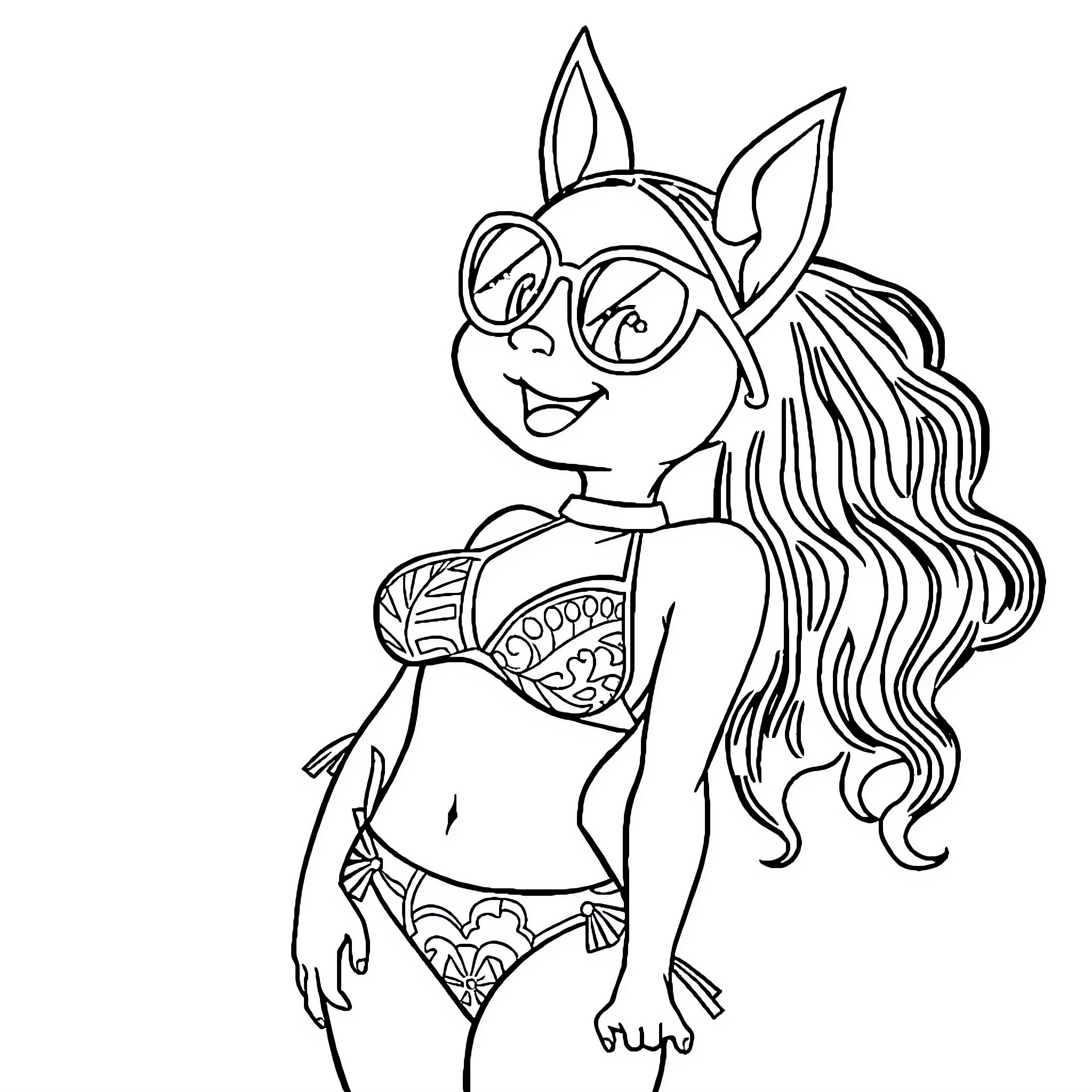 Chi Chi's Playful Swimsuit Adventure Coloring Page (free black-and-white line drawing printable PDF for all, from beginners to advanced learners, including children, teens, adults, and seniors)