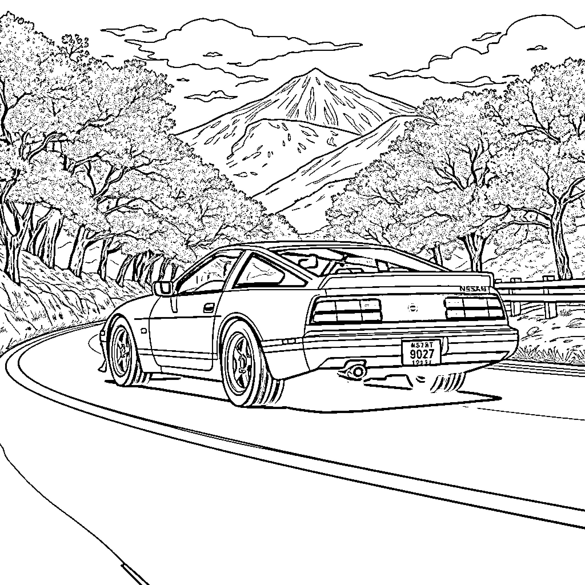 Nissan 300ZX on scenic mountain road Coloring Page (free black-and-white line drawing printable PDF for all, from beginners to advanced learners, including children, teens, adults, and seniors)
