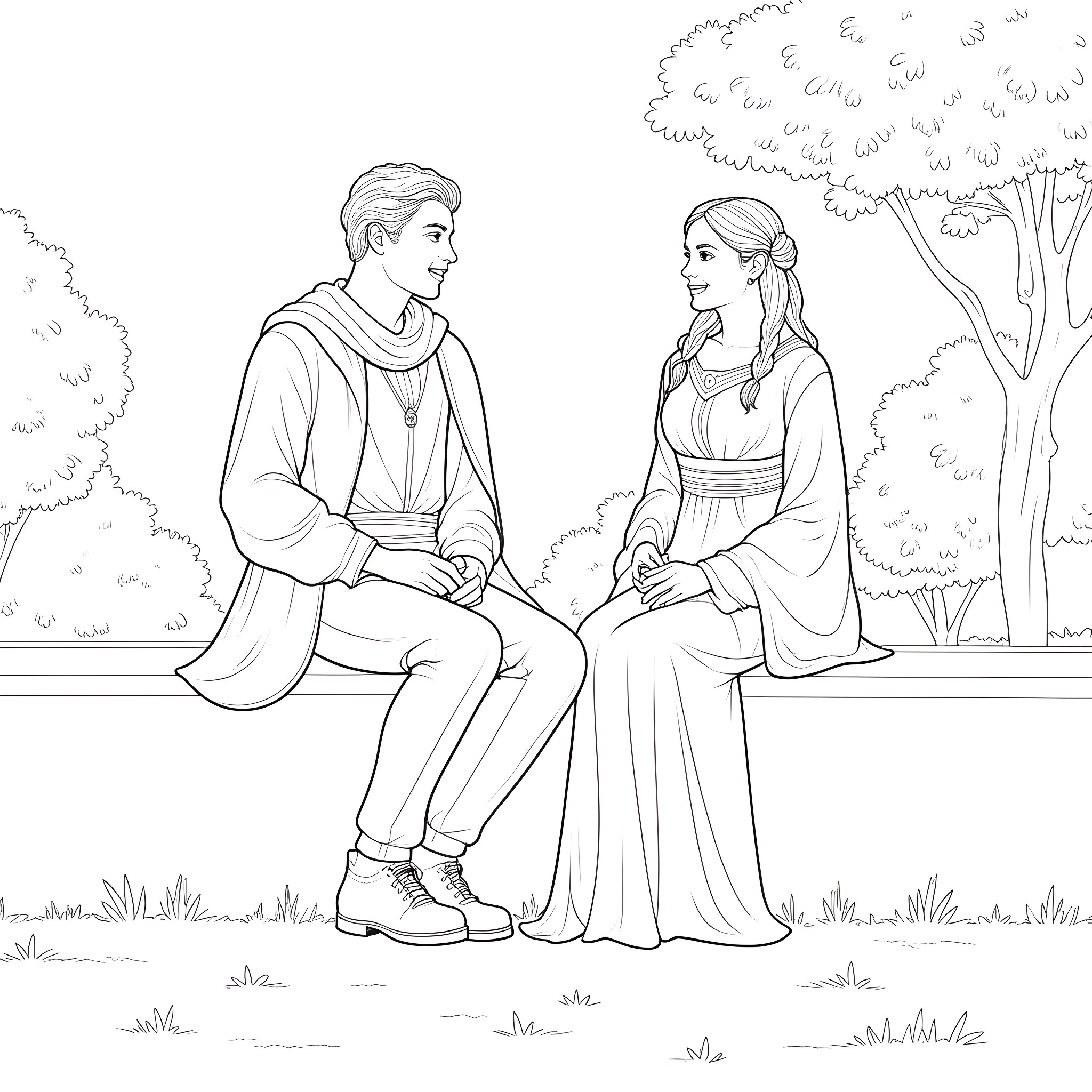 Romeo and Juliet's romantic encounter in the garden Coloring Page (free black-and-white line drawing printable PDF for all, from beginners to advanced learners, including children, teens, adults, and seniors)