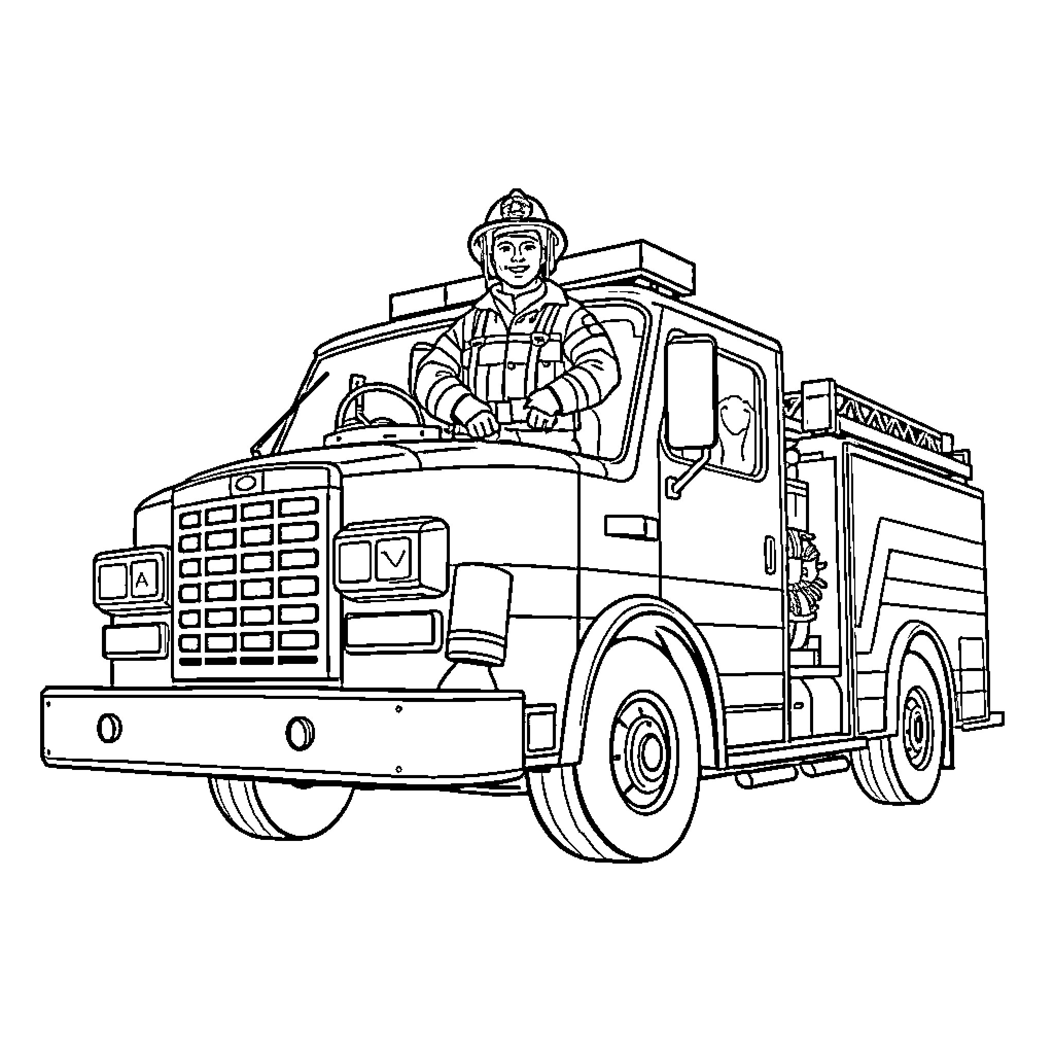 Firefighter operating fire engine truck Coloring Page (free black-and-white line drawing printable PDF for all, from beginners to advanced learners, including children, teens, adults, and seniors)