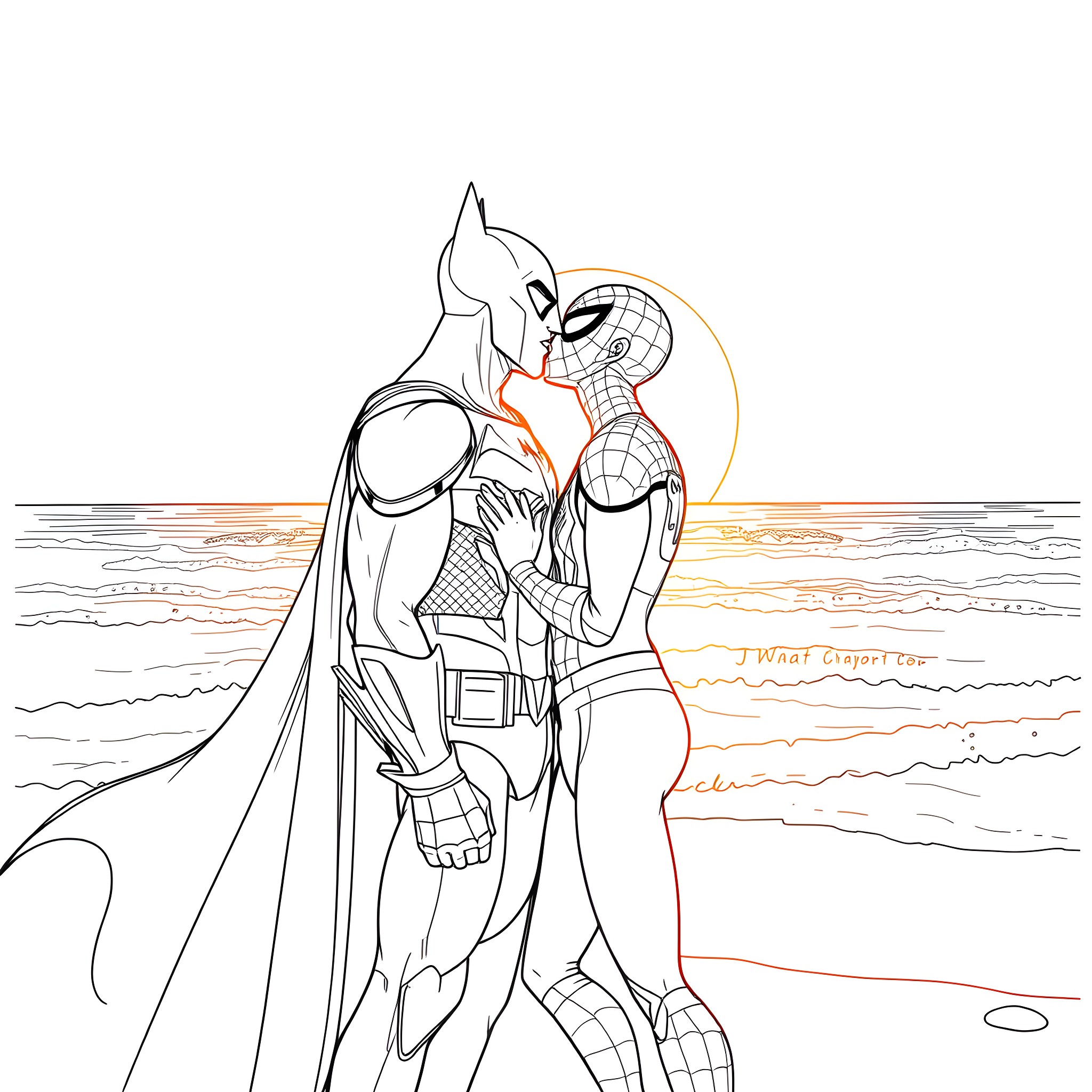 Batman and Spider-Man in action on the beach Coloring Page (free black-and-white line drawing printable PDF for all, from beginners to advanced learners, including children, teens, adults, and seniors)