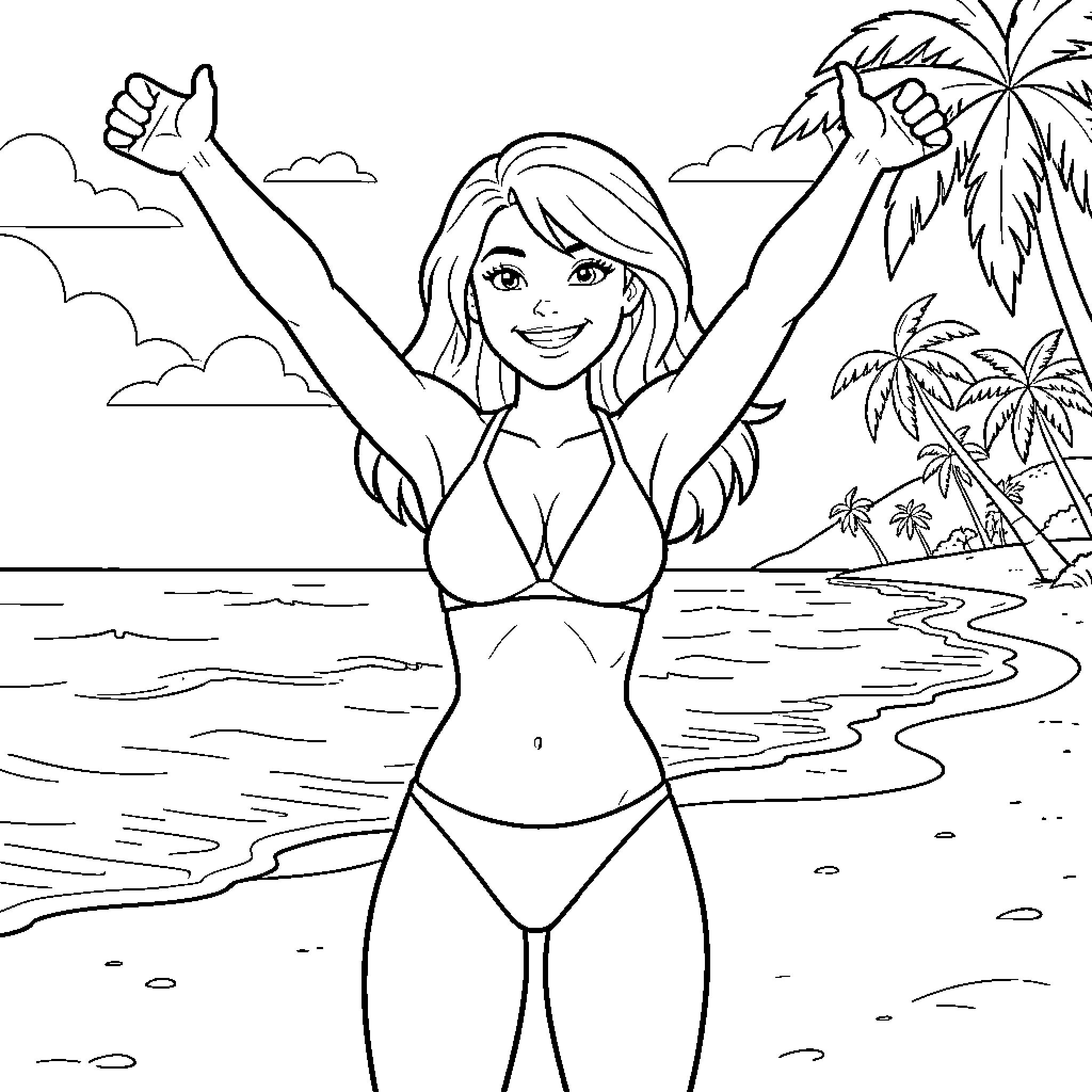 Elastigirl enjoying the beach with open arms Coloring Page (free black-and-white line drawing printable PDF for all, from beginners to advanced learners, including children, teens, adults, and seniors)