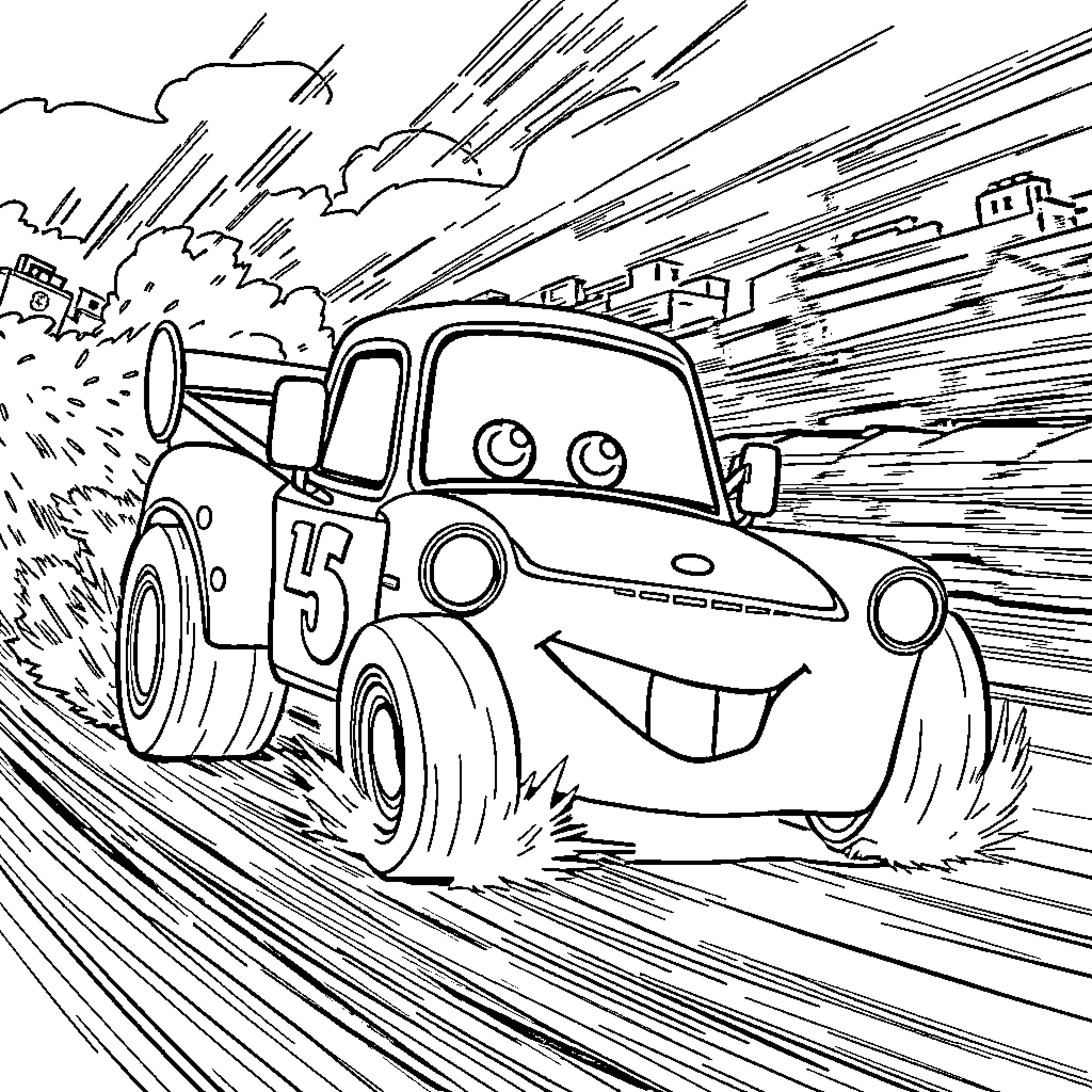 Mater in an exciting race Coloring Page (free black-and-white line drawing printable PDF for all, from beginners to advanced learners, including children, teens, adults, and seniors)