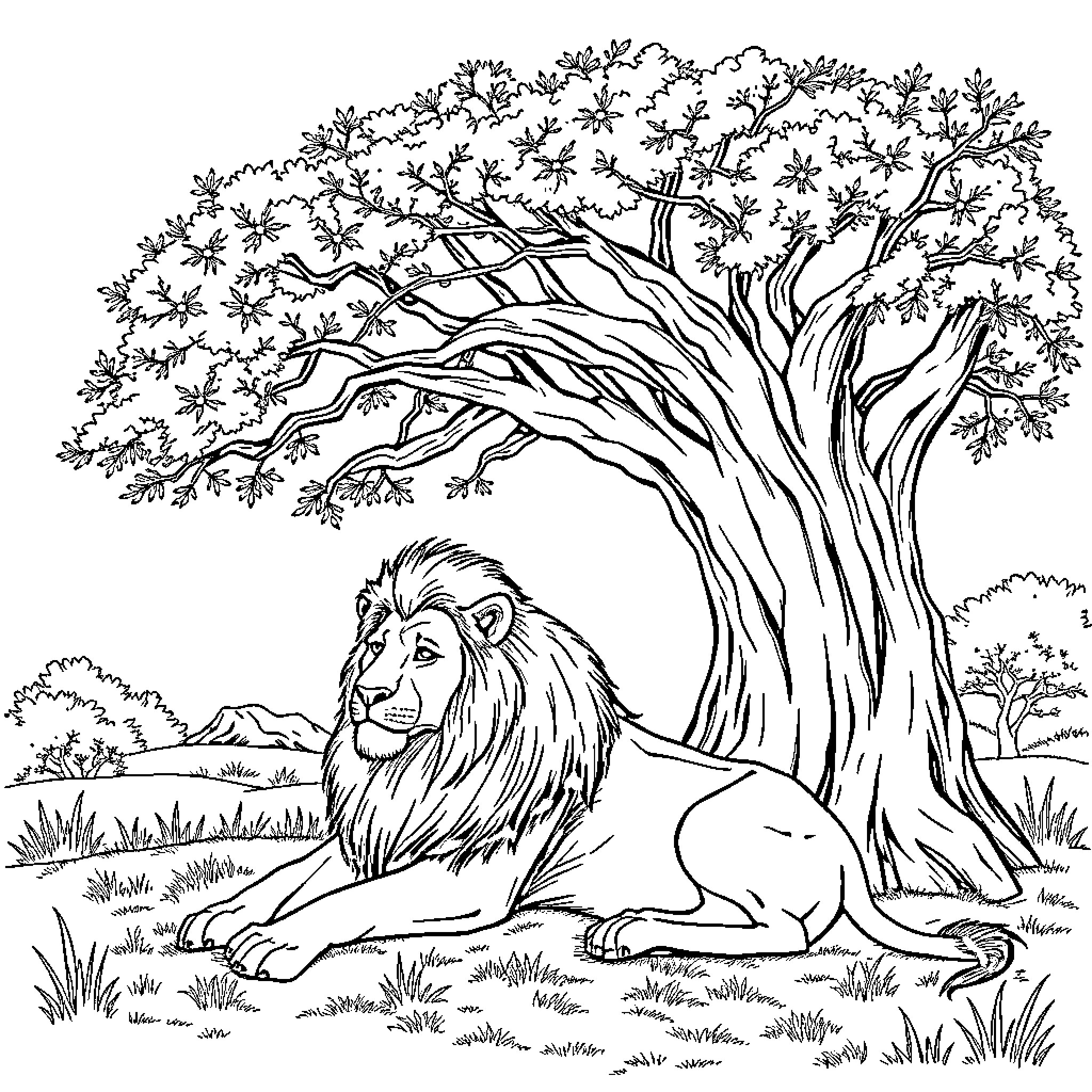Lion resting under majestic tree in serene landscape Coloring Page (free black-and-white line drawing printable PDF for all, from beginners to advanced learners, including children, teens, adults, and seniors)