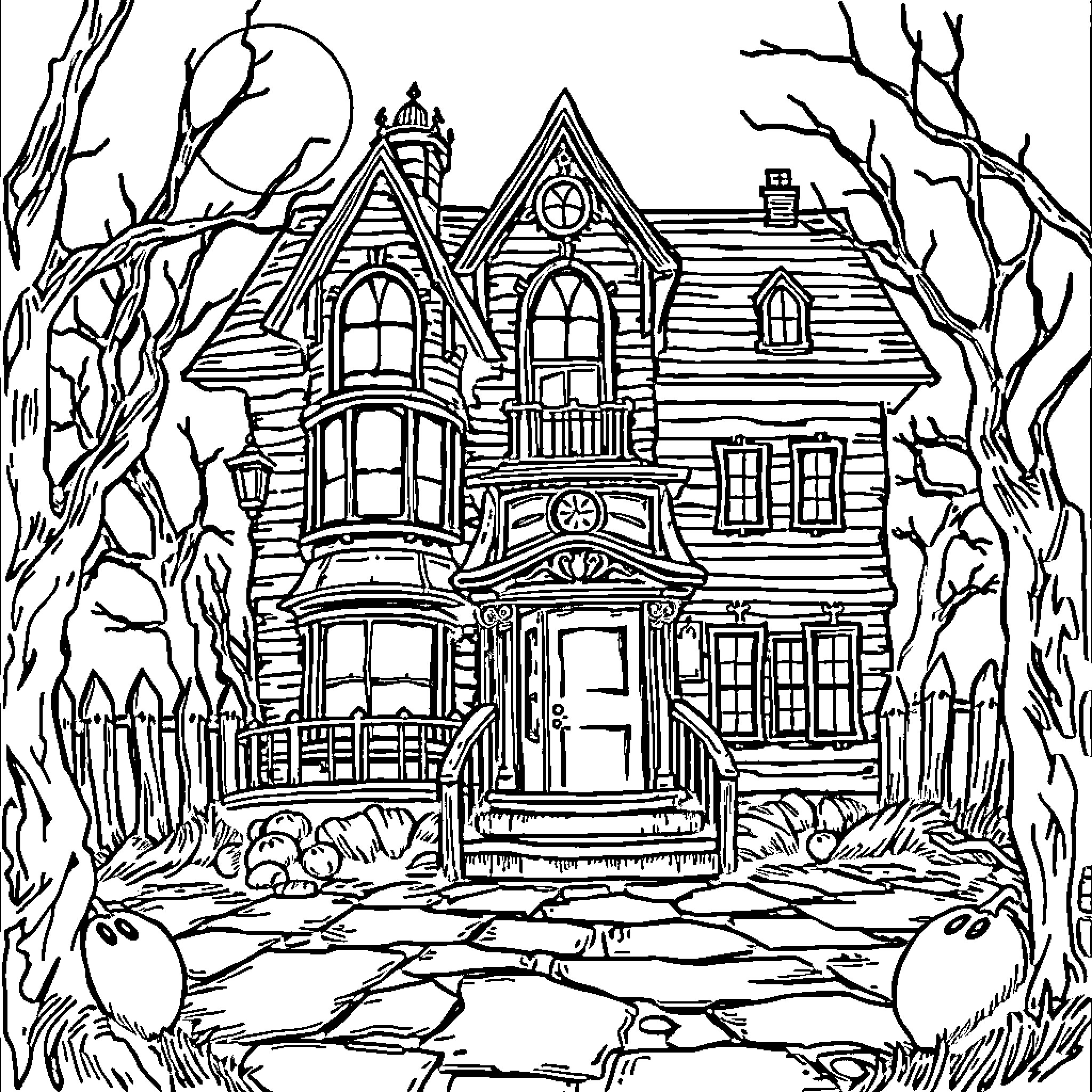 Haunted House with Spooky Atmosphere and Ominous Trees Coloring Page (free black-and-white line drawing printable PDF for all, from beginners to advanced learners, including children, teens, adults, and seniors)