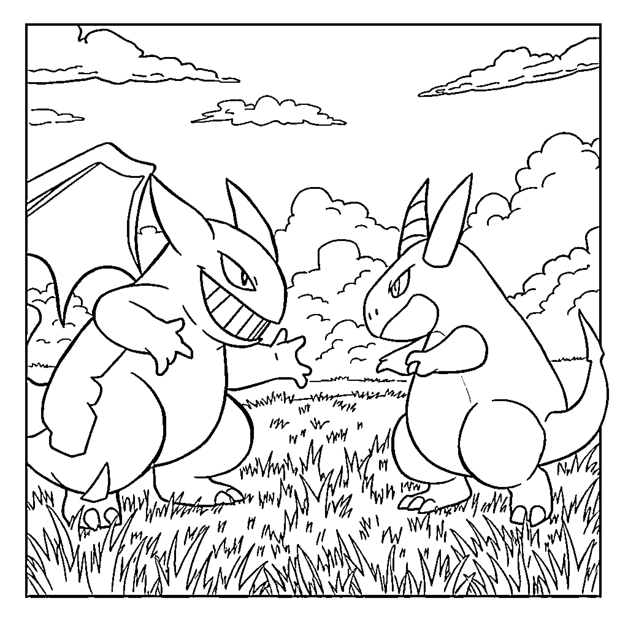 Gengar menacing two Pokémon in a field Coloring Page (free black-and-white line drawing printable PDF for all, from beginners to advanced learners, including children, teens, adults, and seniors)