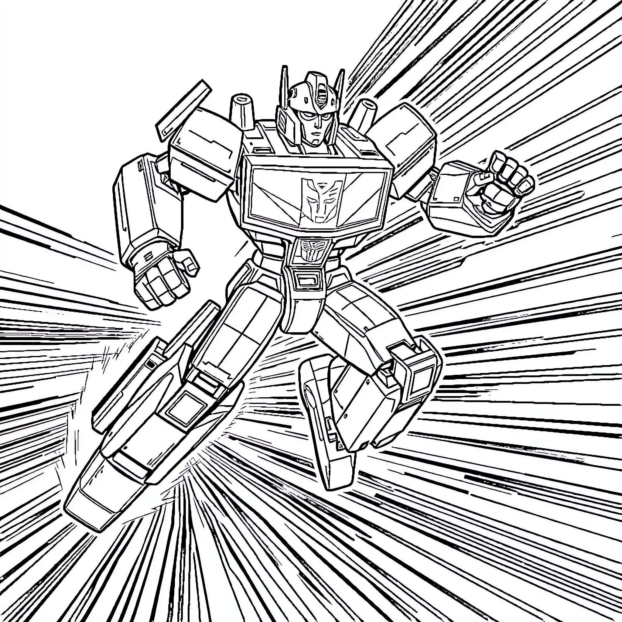 Transformer robot in action-packed pose Coloring Page (free black-and-white line drawing printable PDF for all, from beginners to advanced learners, including children, teens, adults, and seniors)
