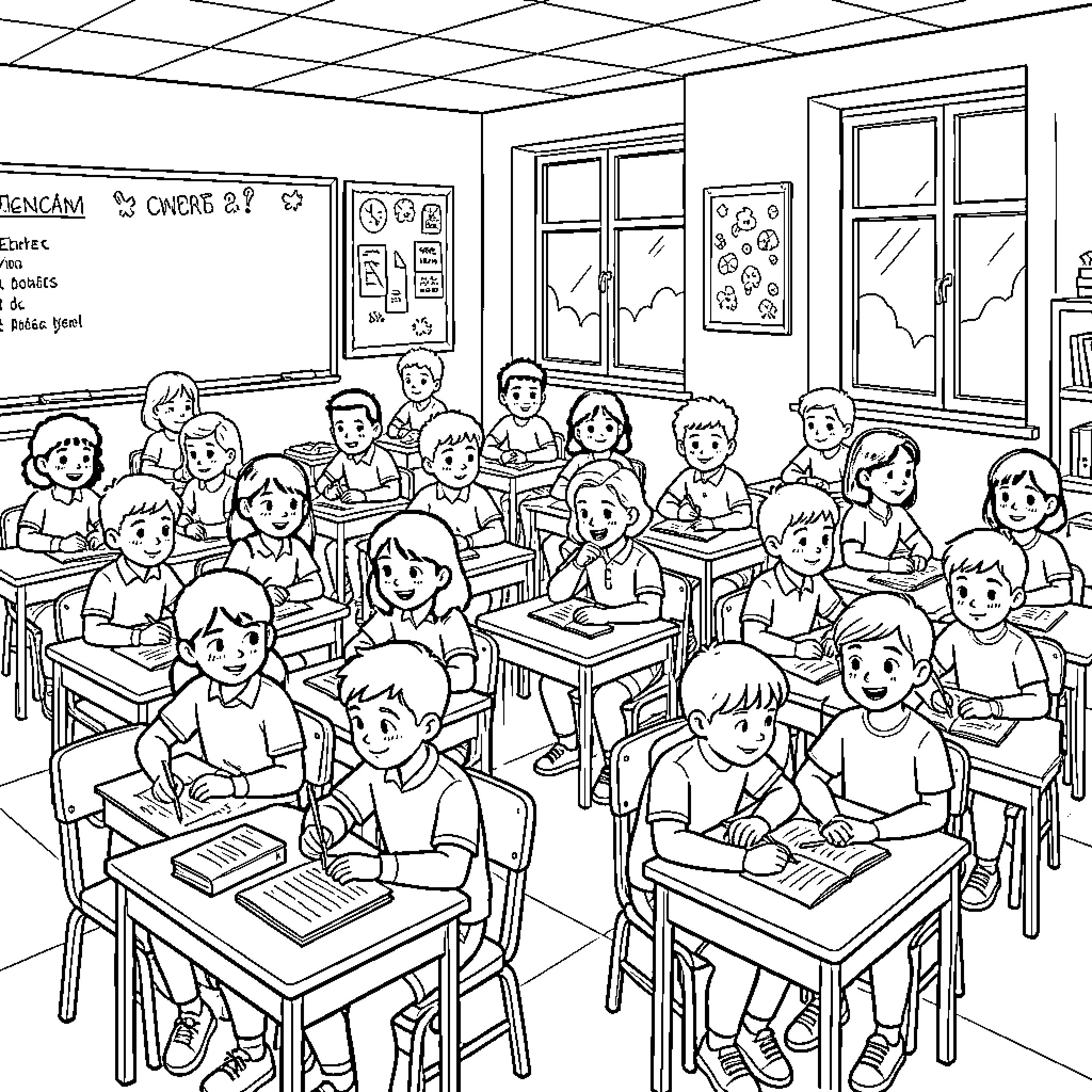 Student sitting at desks studying in a classroom Coloring Page (free black-and-white line drawing printable PDF for all, from beginners to advanced learners, including children, teens, adults, and seniors)
