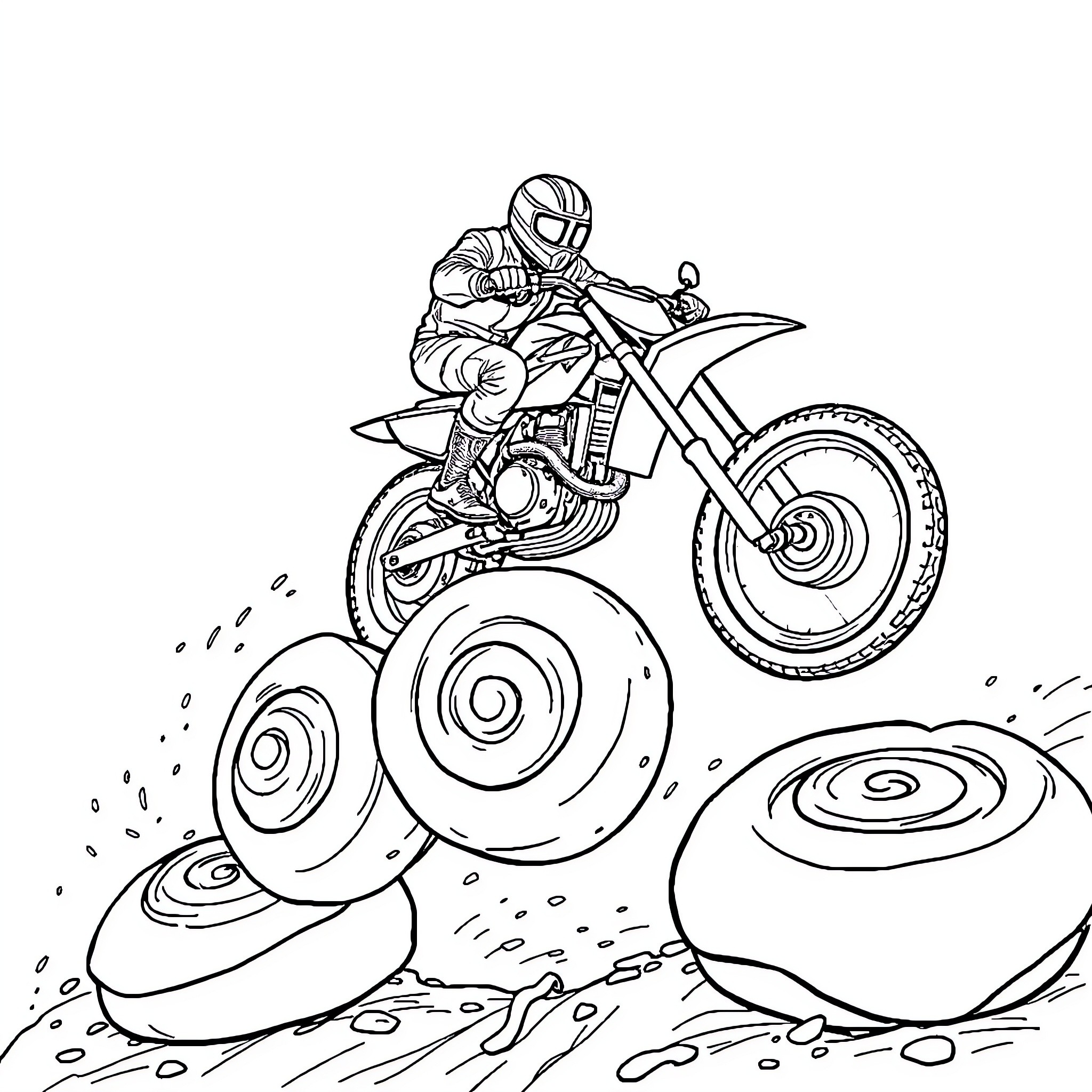 Motorcycle rider performing stunts on rocky terrain Coloring Page (free black-and-white line drawing printable PDF for all, from beginners to advanced learners, including children, teens, adults, and seniors)