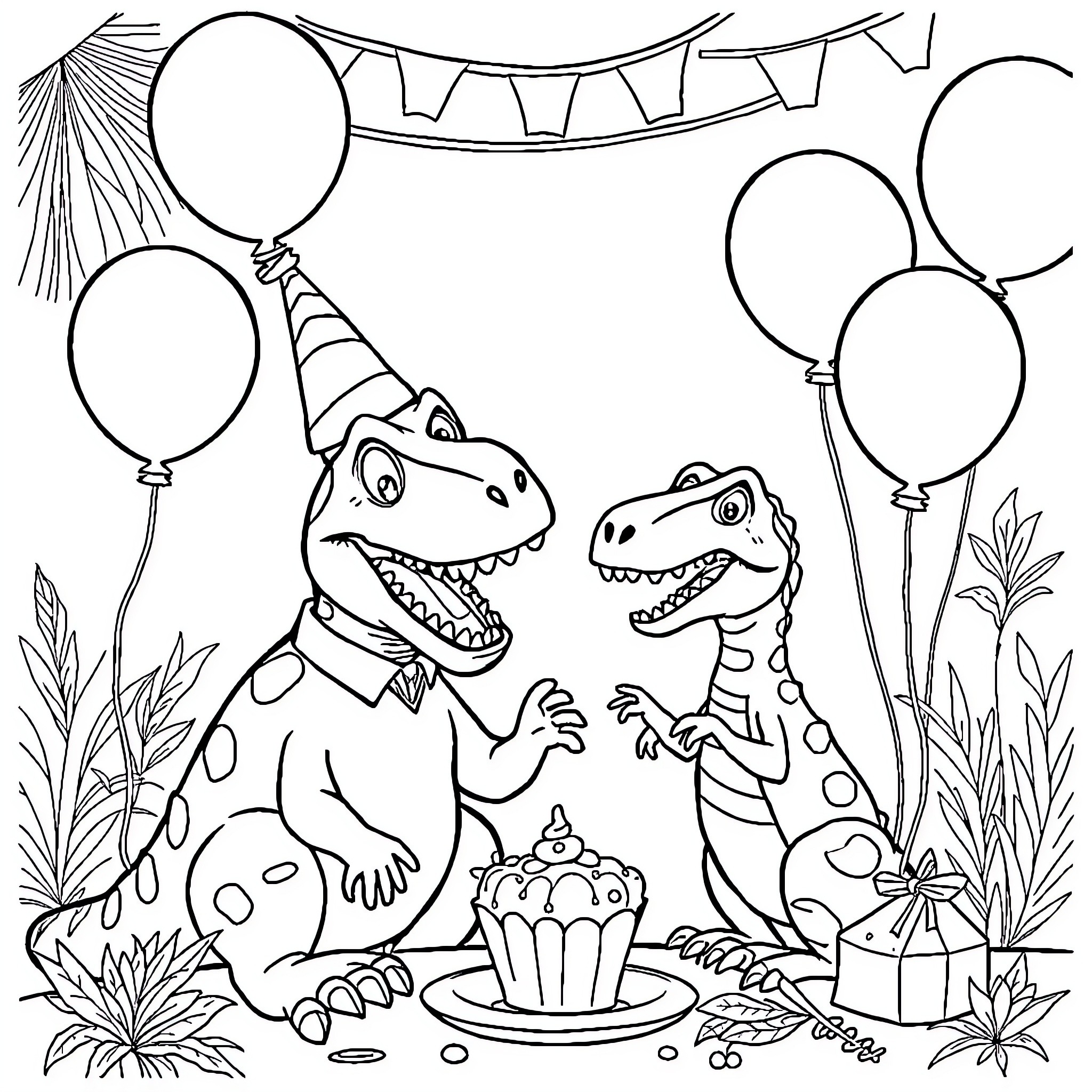 Velociraptor dinosaurs celebrating with balloons and party Coloring Page (free black-and-white line drawing printable PDF for all, from beginners to advanced learners, including children, teens, adults, and seniors)
