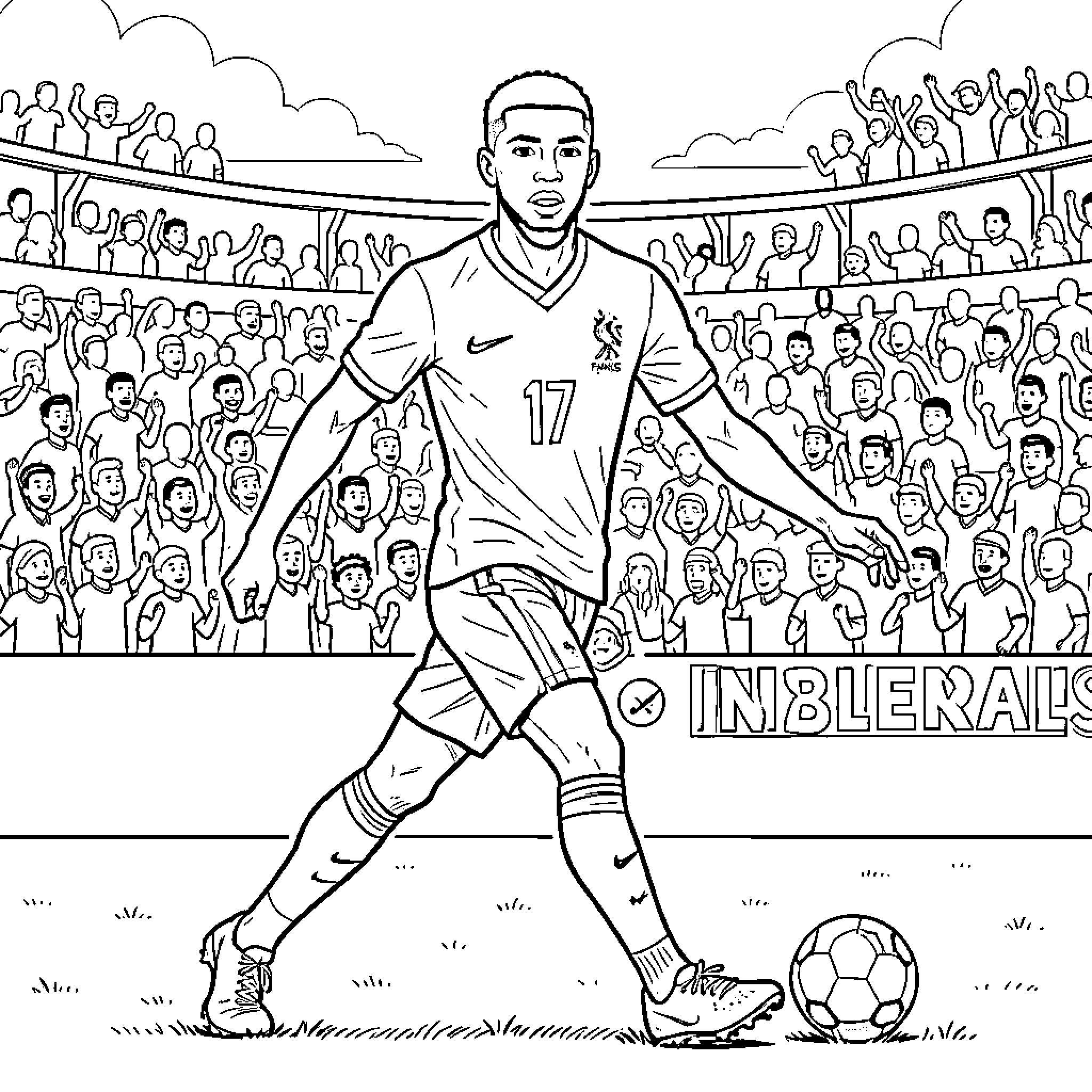Mbappe dribbling a soccer ball in a crowded stadium Coloring Page (free black-and-white line drawing printable PDF for all, from beginners to advanced learners, including children, teens, adults, and seniors)