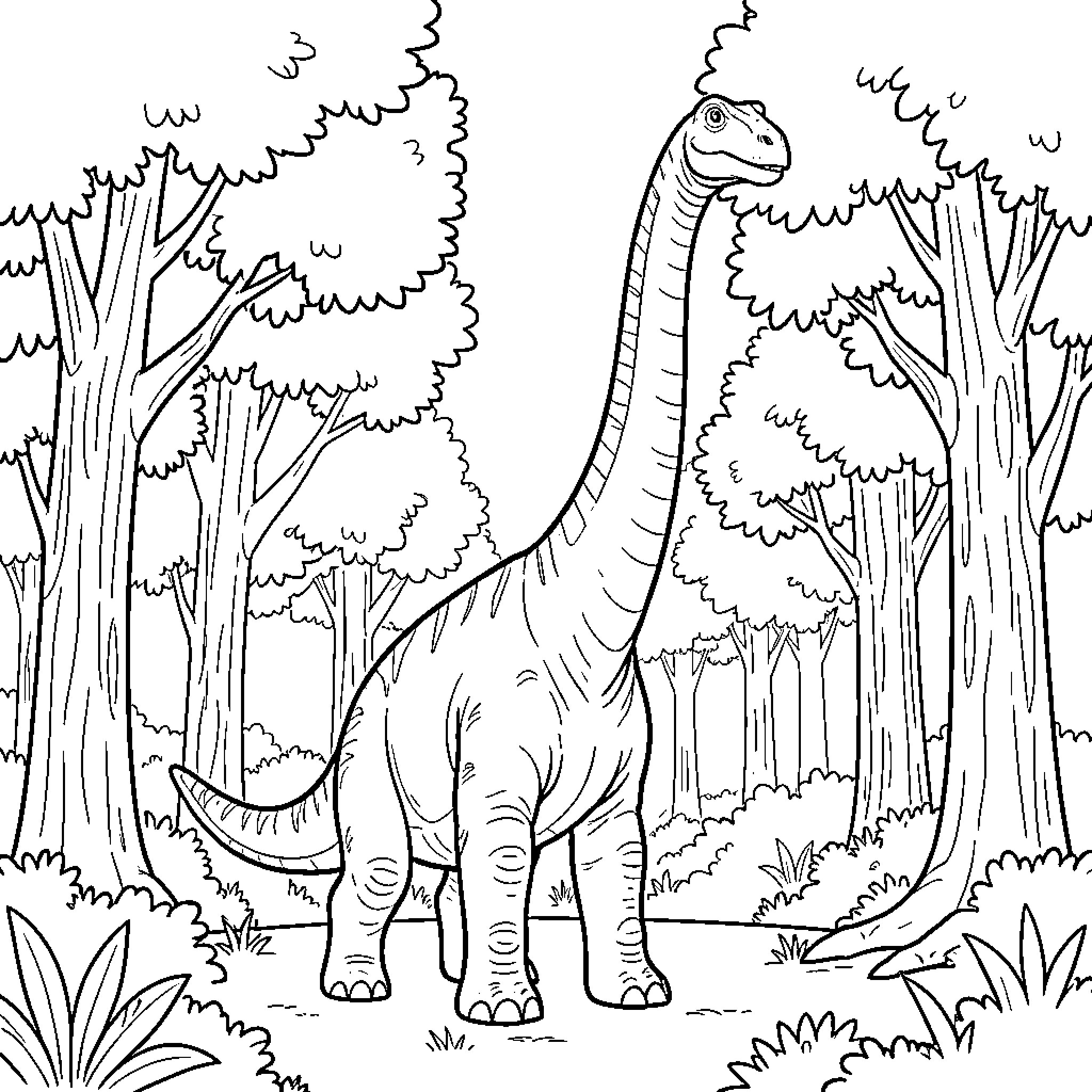 Brachiosaurus standing peacefully in a dense forest Coloring Page (free black-and-white line drawing printable PDF for all, from beginners to advanced learners, including children, teens, adults, and seniors)