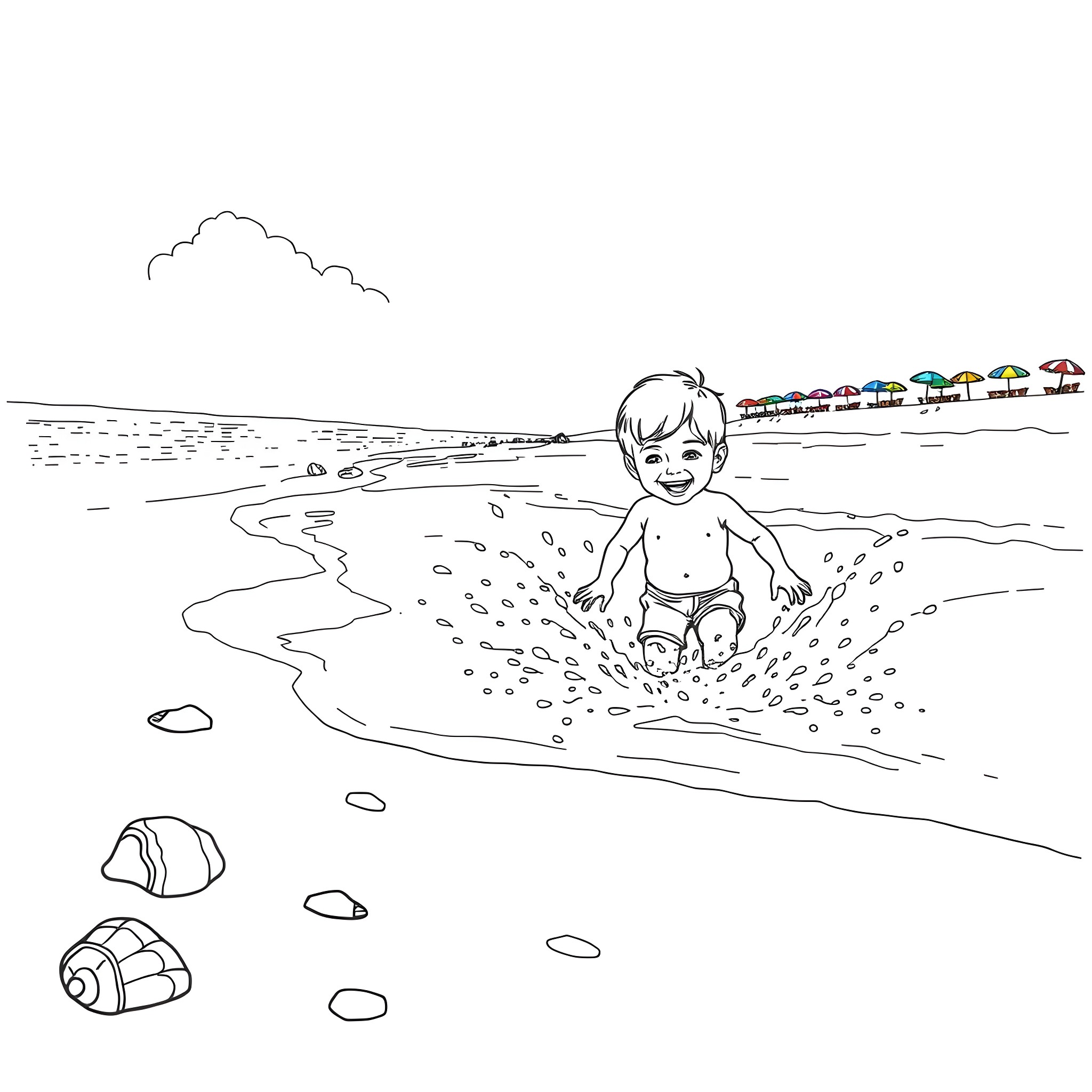Girl playing joyfully in the waves on the beach Coloring Page (free black-and-white line drawing printable PDF for all, from beginners to advanced learners, including children, teens, adults, and seniors)