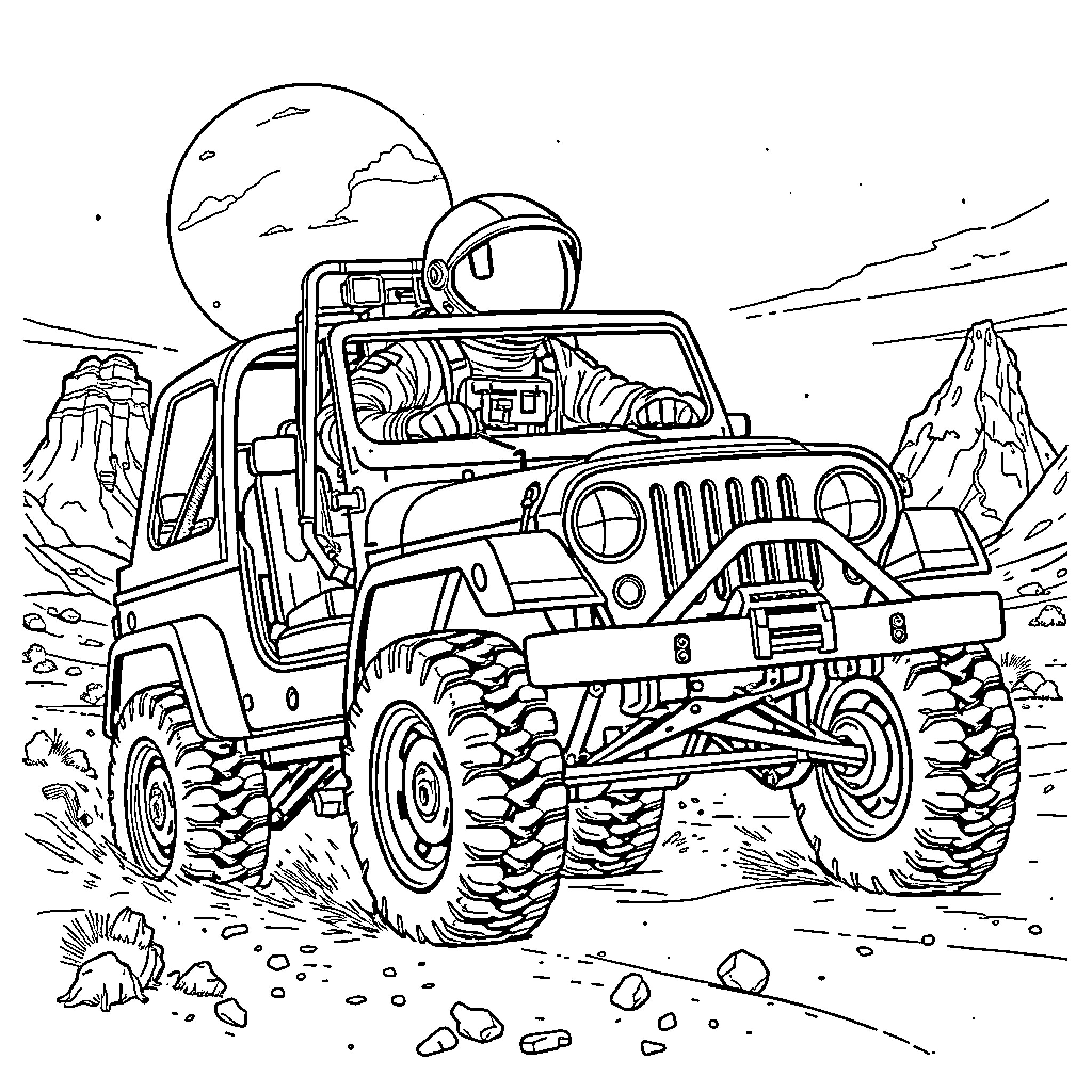 Astronaut driving a rugged offroad vehicle on a rocky alien landscape Coloring Page (free black-and-white line drawing printable PDF for all, from beginners to advanced learners, including children, teens, adults, and seniors)