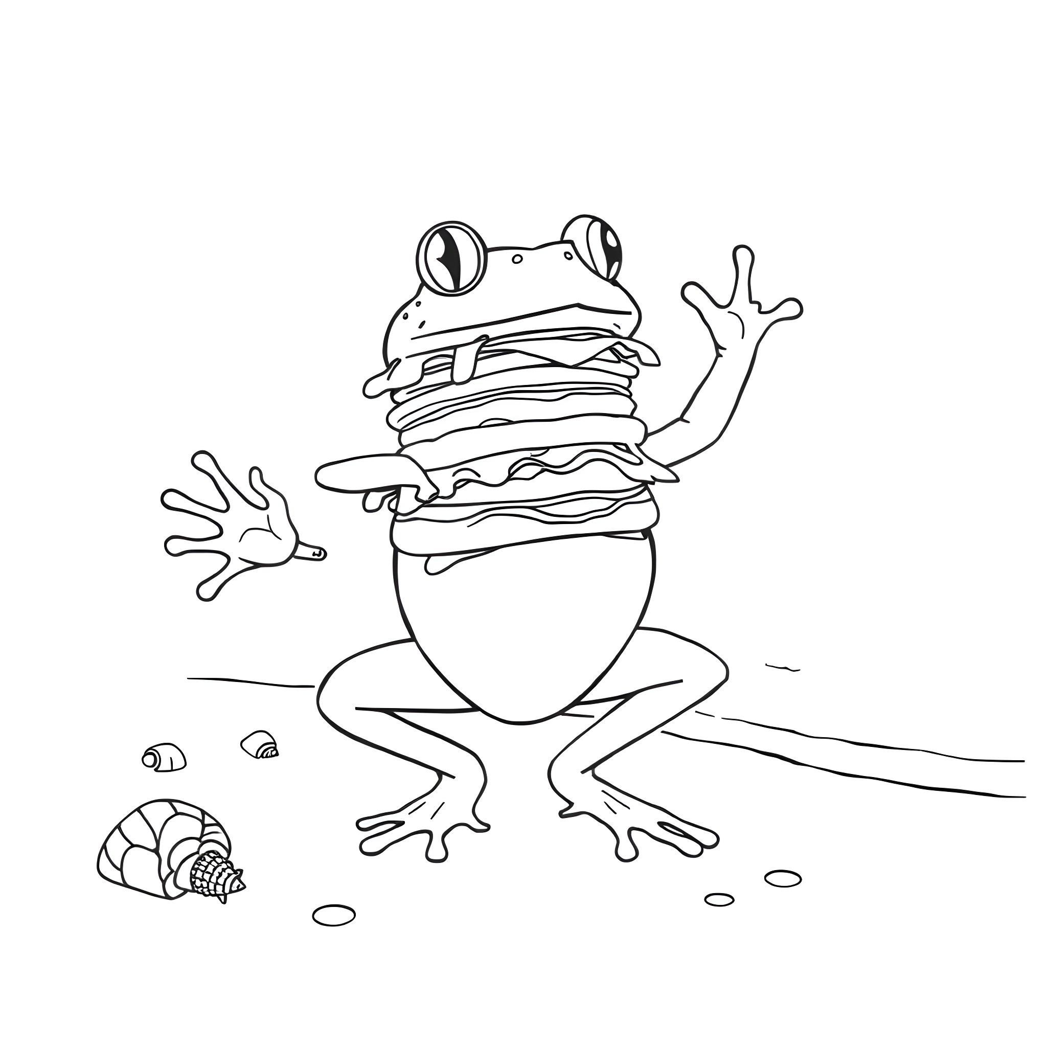 Frog playfully stacking objects on its head Coloring Page (free black-and-white line drawing printable PDF for all, from beginners to advanced learners, including children, teens, adults, and seniors)