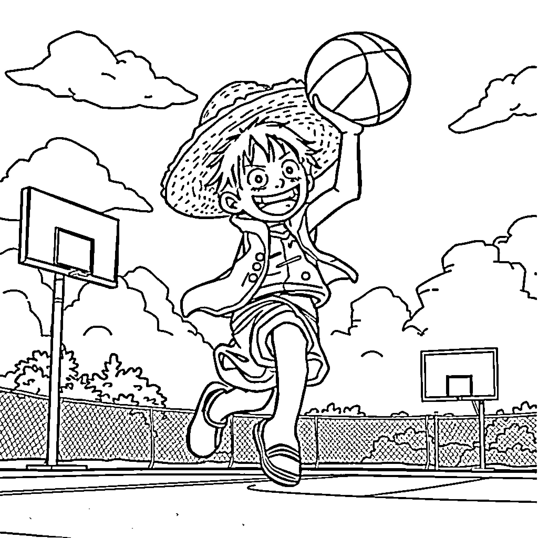Luffy Playing Basketball with Enthusiasm Coloring Page (free black-and-white line drawing printable PDF for all, from beginners to advanced learners, including children, teens, adults, and seniors)