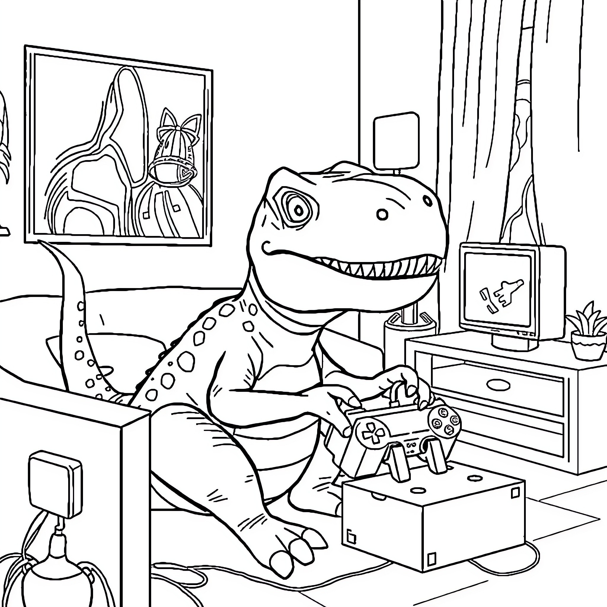Dinosaur playing video games in a cozy room Coloring Page (free black-and-white line drawing printable PDF for all, from beginners to advanced learners, including children, teens, adults, and seniors)