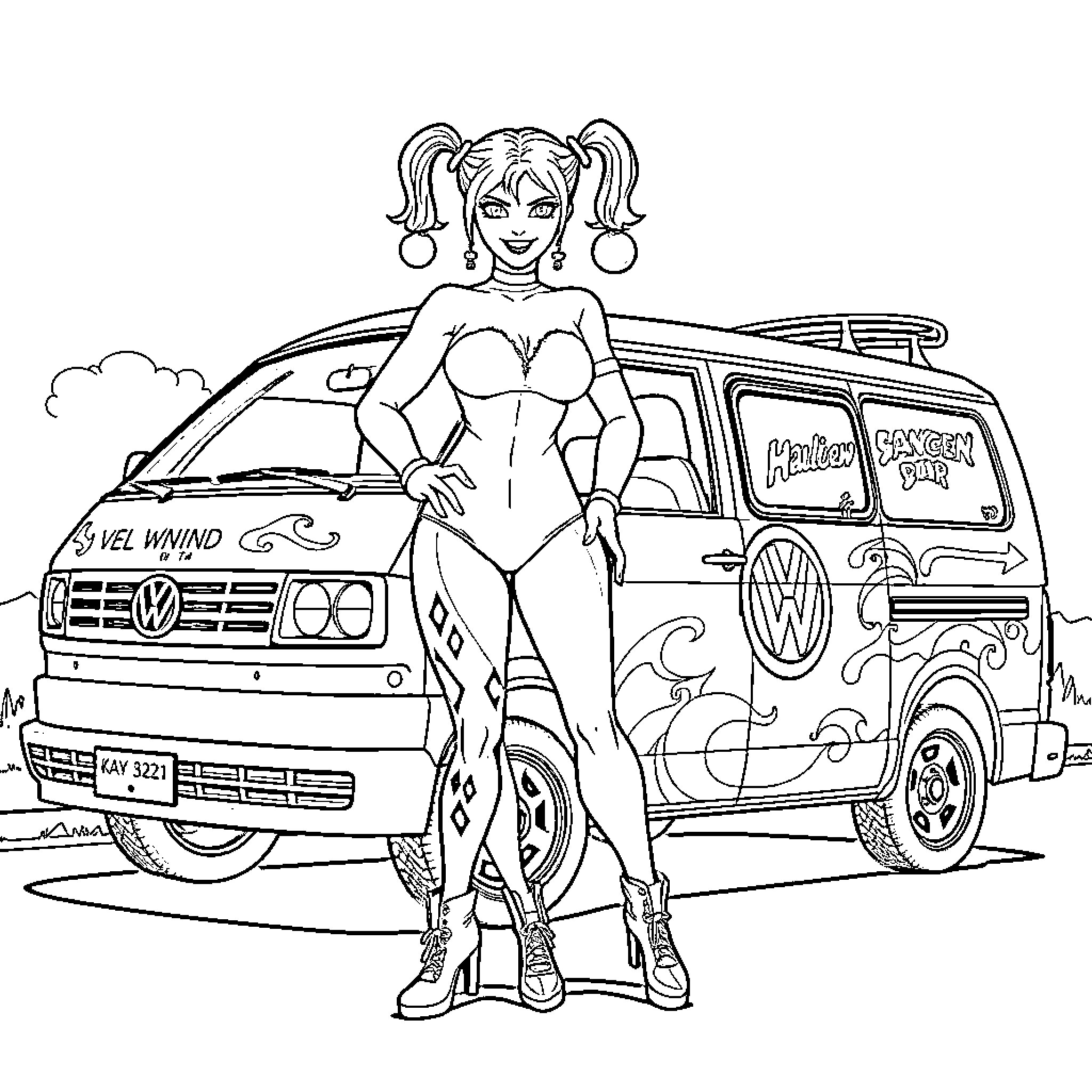 Harley Quinn poses confidently by her van Coloring Page (free black-and-white line drawing printable PDF for all, from beginners to advanced learners, including children, teens, adults, and seniors)
