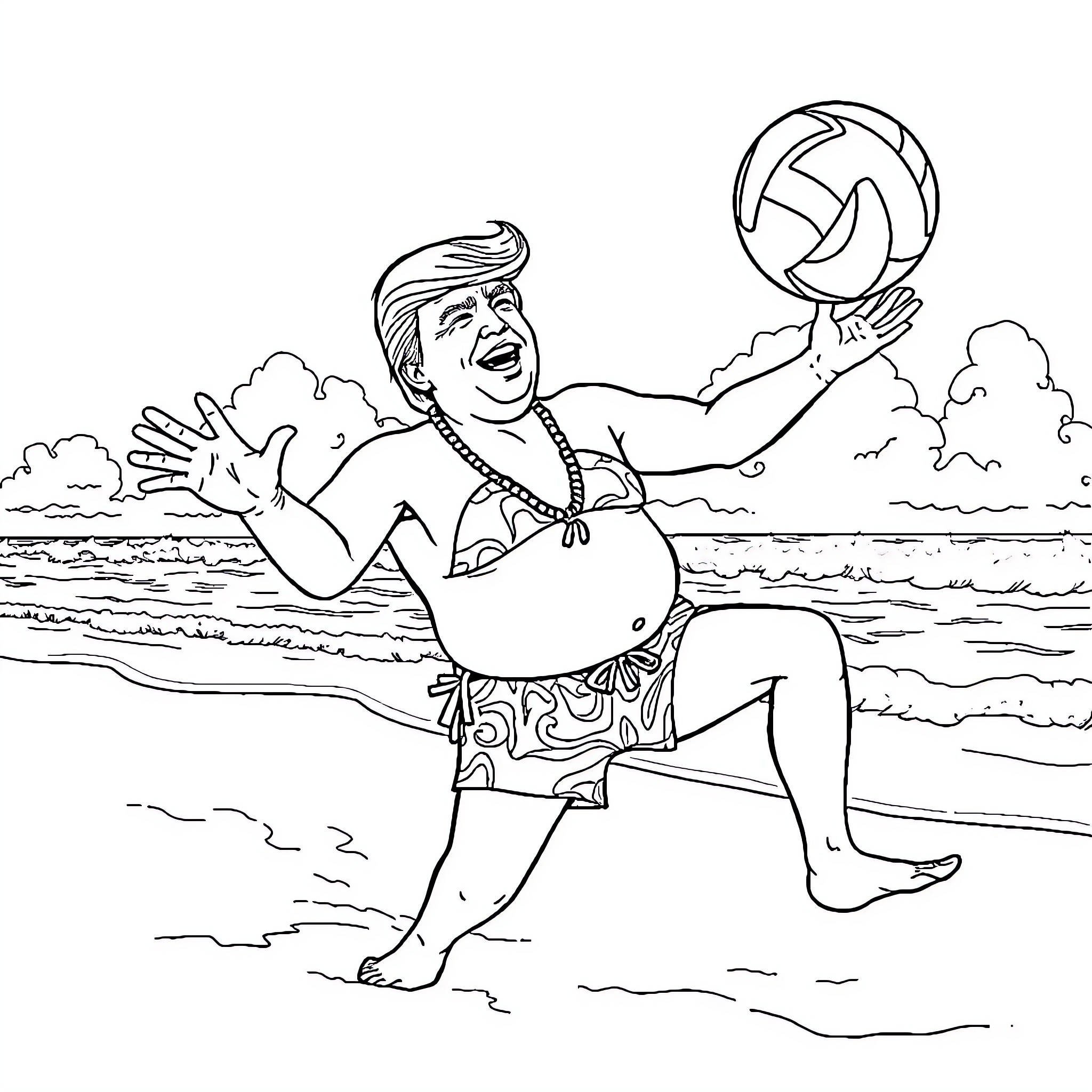 Donald Trump playing with a beach ball in the ocean Coloring Page (free black-and-white line drawing printable PDF for all, from beginners to advanced learners, including children, teens, adults, and seniors)