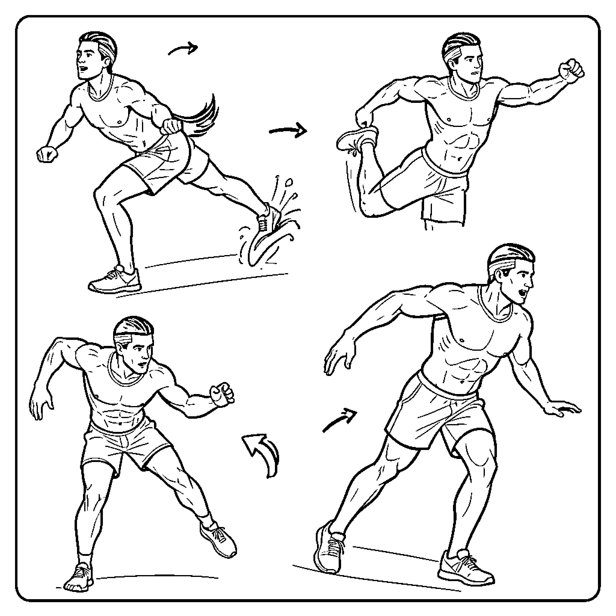 Biomechanics of an athlete performing dynamic athletic movements Coloring Page (free black-and-white line drawing printable PDF for all, from beginners to advanced learners, including children, teens, adults, and seniors)